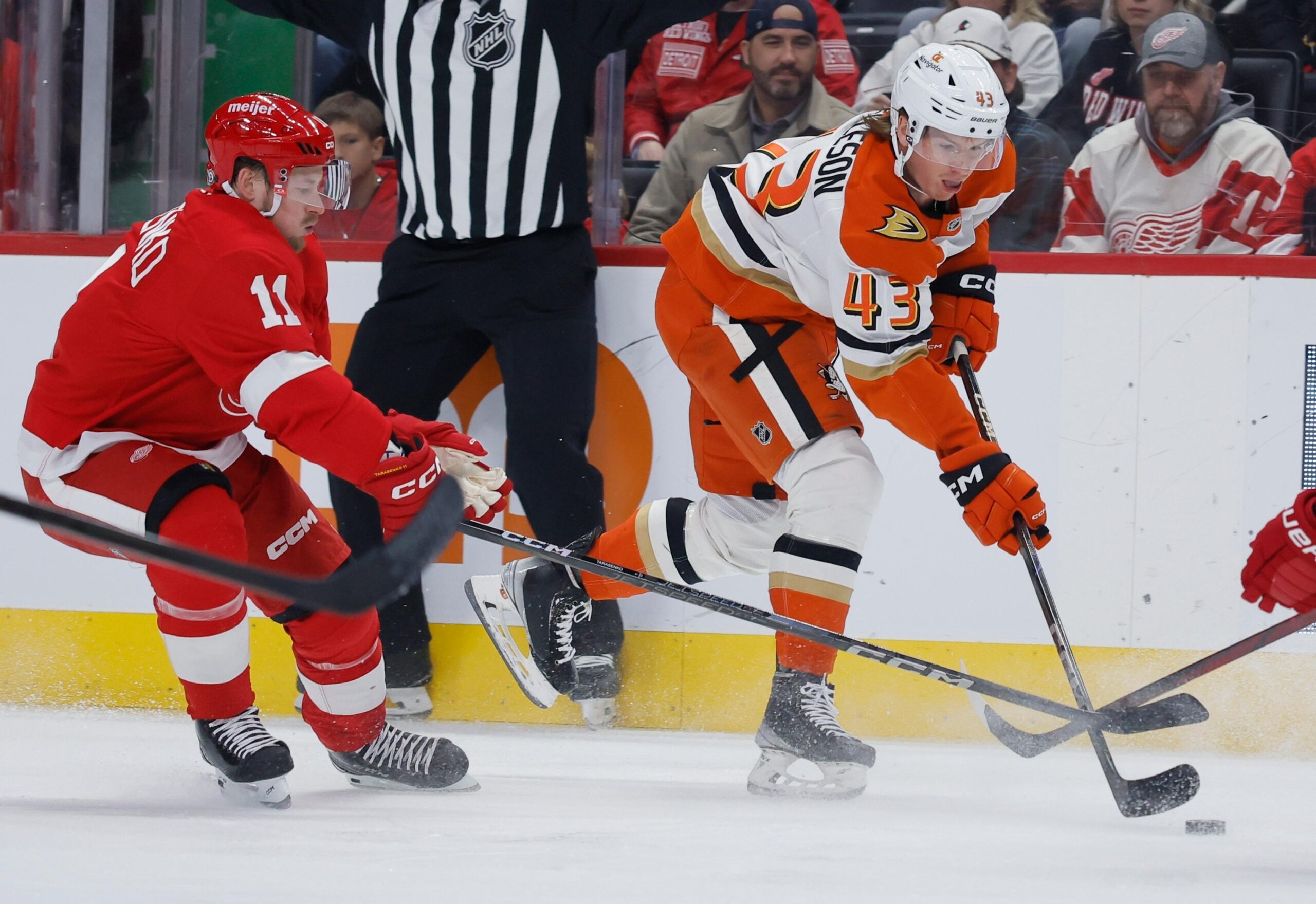 Ducks defenseman Drew Helleson (43) is pursued by Detroit Red...