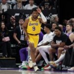 Los Angeles Lakers guard Bronny James (9) celebrates after making a three