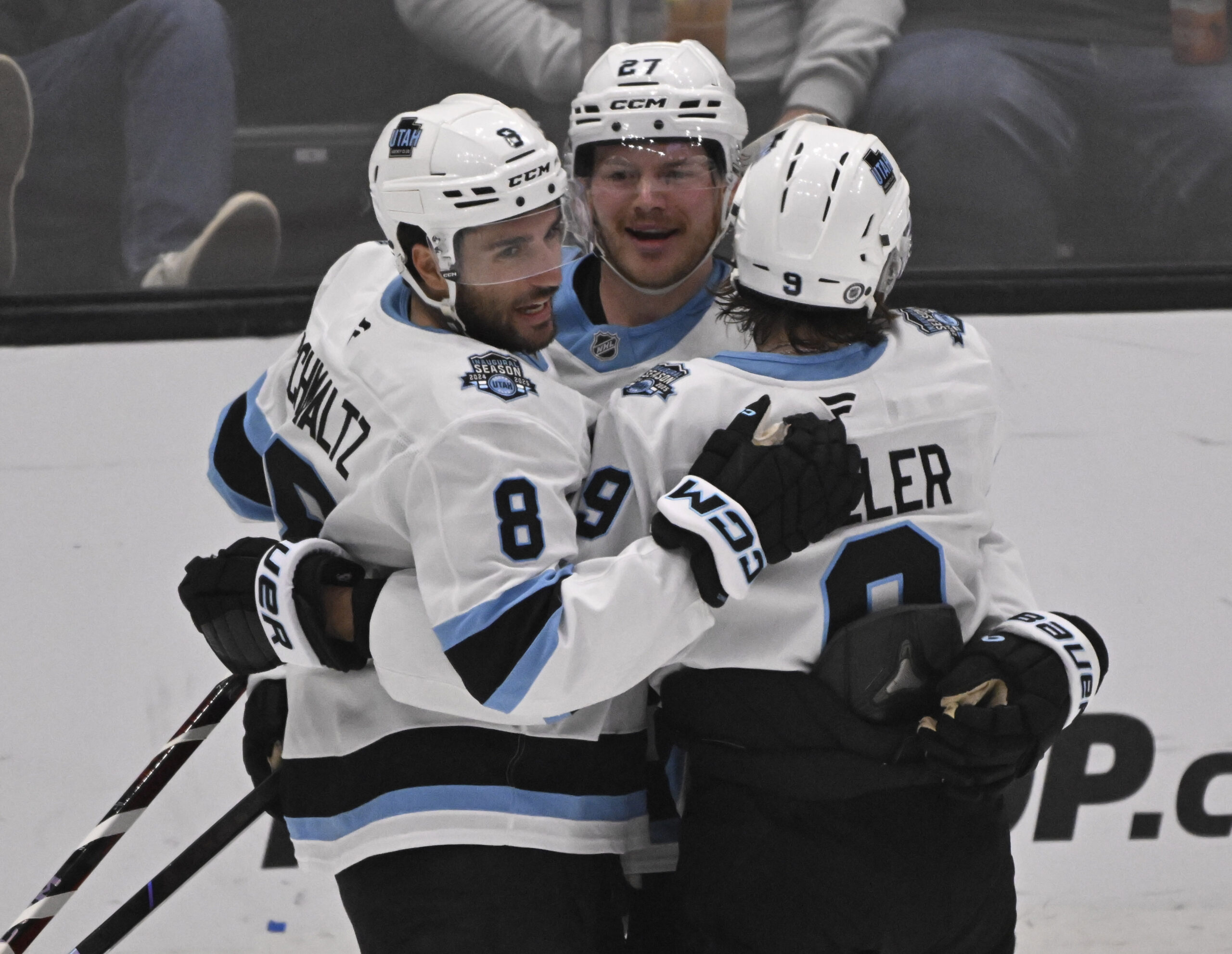 Barrett Hayton #27 of the Utah Hockey Club celebrates with...