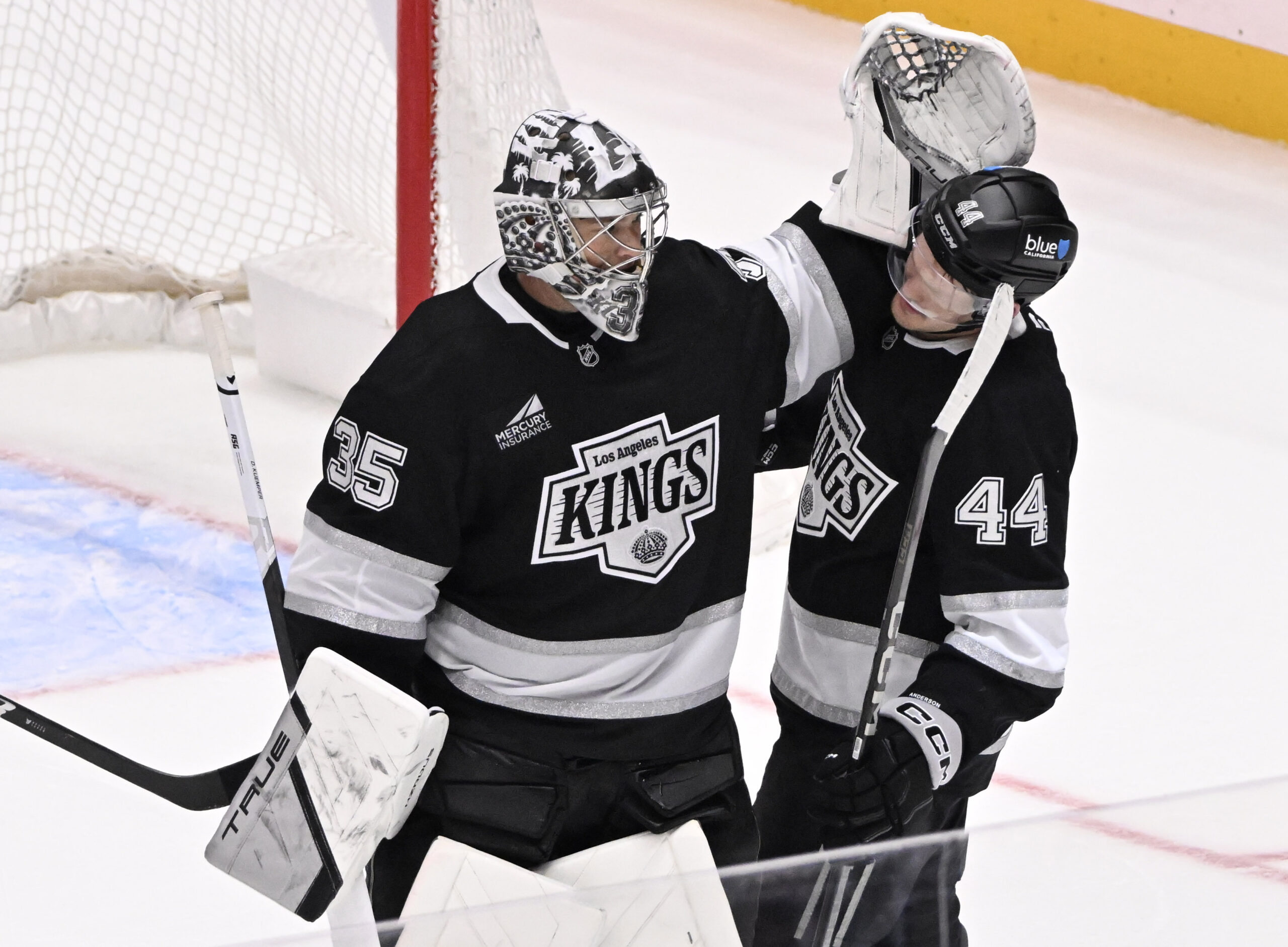 Mikey Anderson #44 celebrates with goalie Darcy Kuemper #35 of...