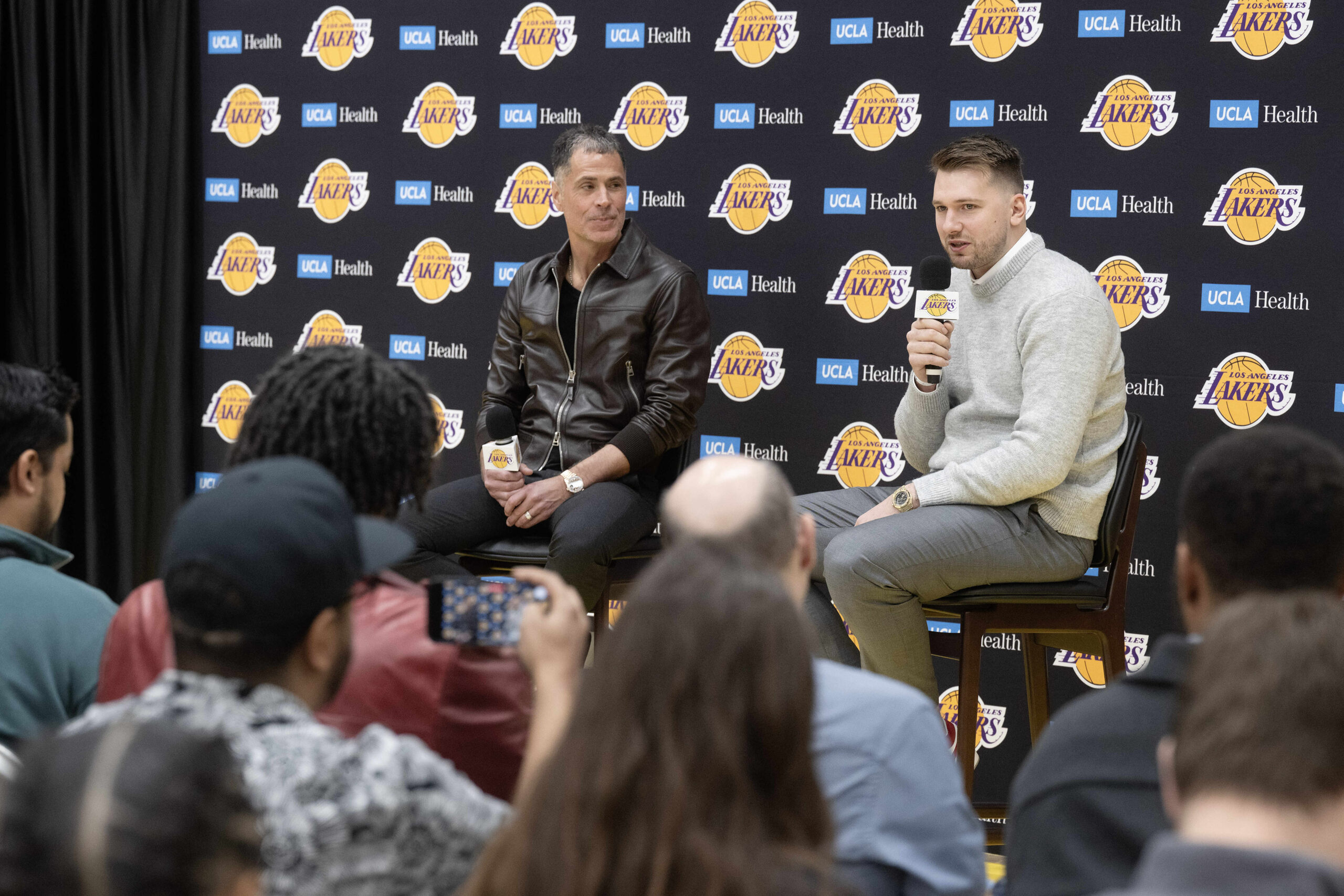 Lakers’ Luka Doncic takes questions during a press conference at...