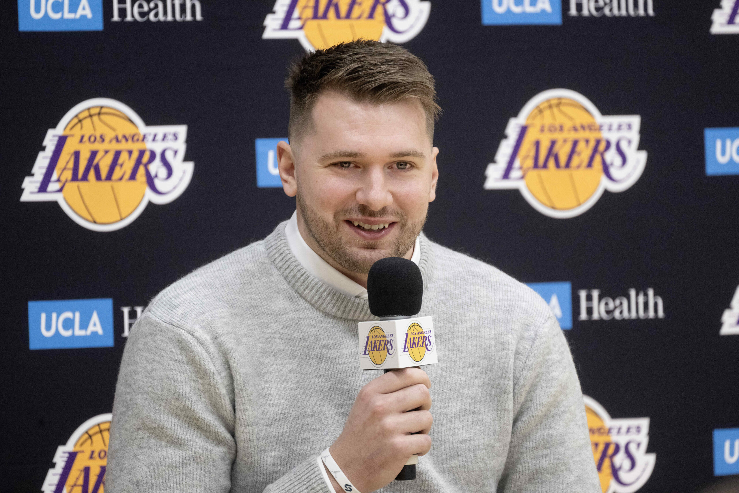 Lakers’ Luka Doncic takes questions during a press conference at...