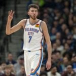 Feb 23, 2025; Minneapolis, Minnesota, USA; Oklahoma City Thunder forward Chet Holmgren (7) holds up three fingers during a free throw against the Minnesota Timberwolves in the first half at Target Center. Mandatory Credit: Jesse Johnson-Imagn Images