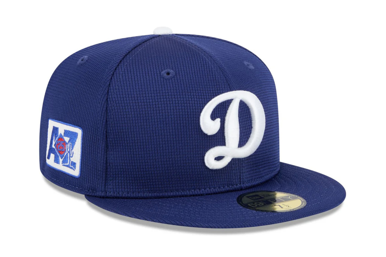 The Los Angeles Dodgers spring training cap for 2025, with a script D on the front and an Arizona spring training patch on the right side.