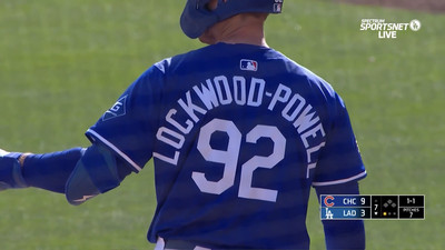 Dodgers catcher/first baseman Griffin Lockwood-Powell bats in the seventh inning against the Cubs at Camelback Ranch on February 20, 2025.