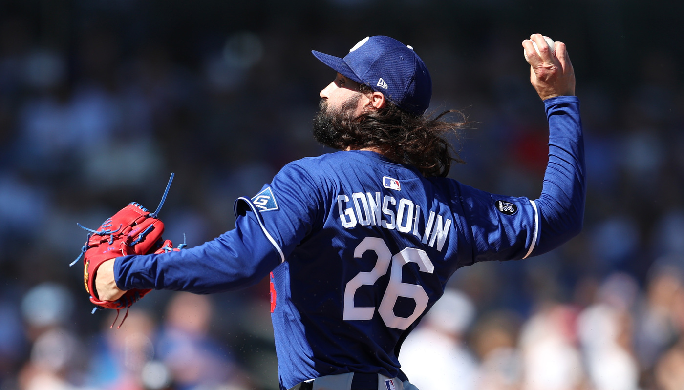 Dodgers pitcher Tony Gonsolin throws to the plate during the...