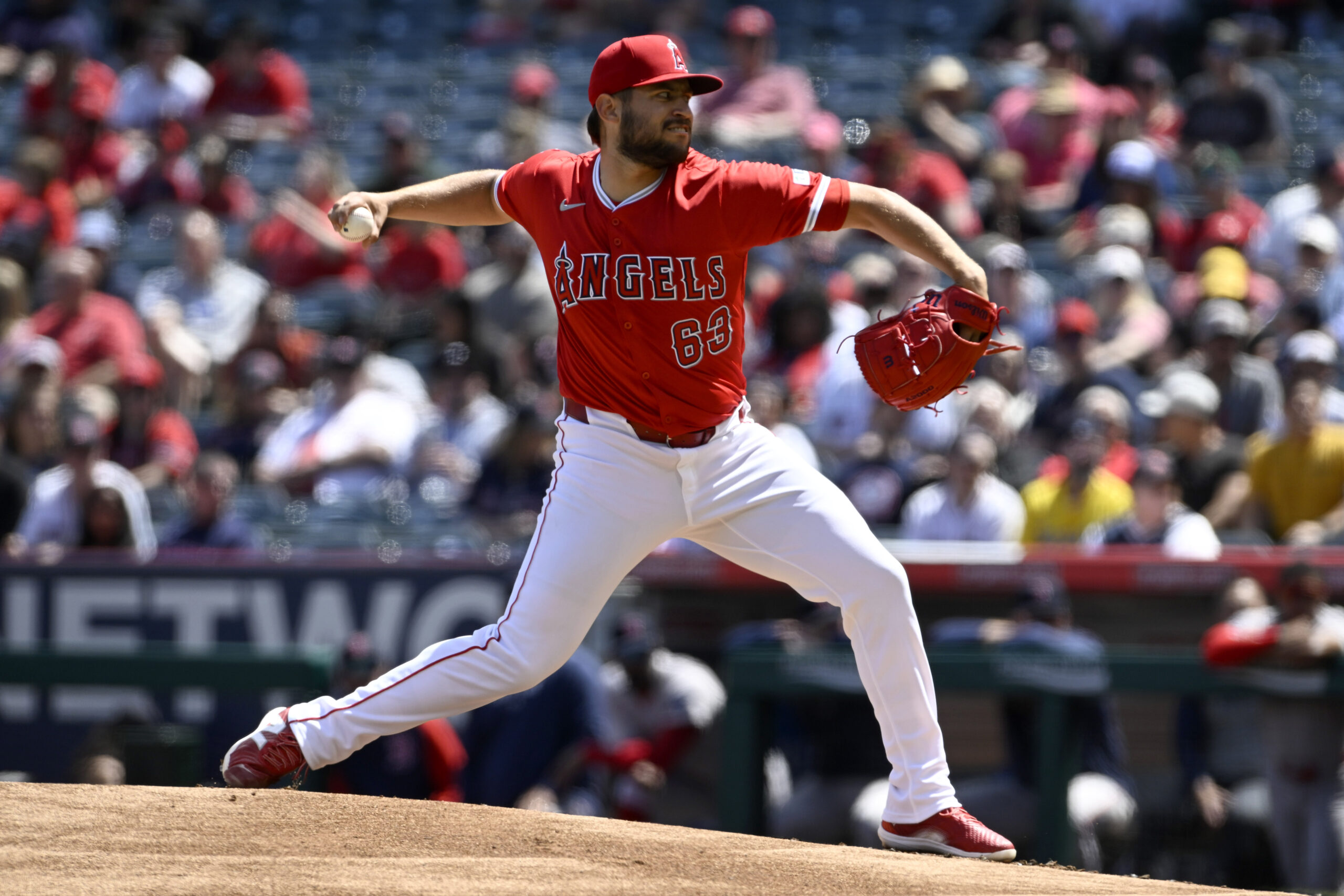 Angels pitcher Chase Silseth throws to a Boston Red Sox...