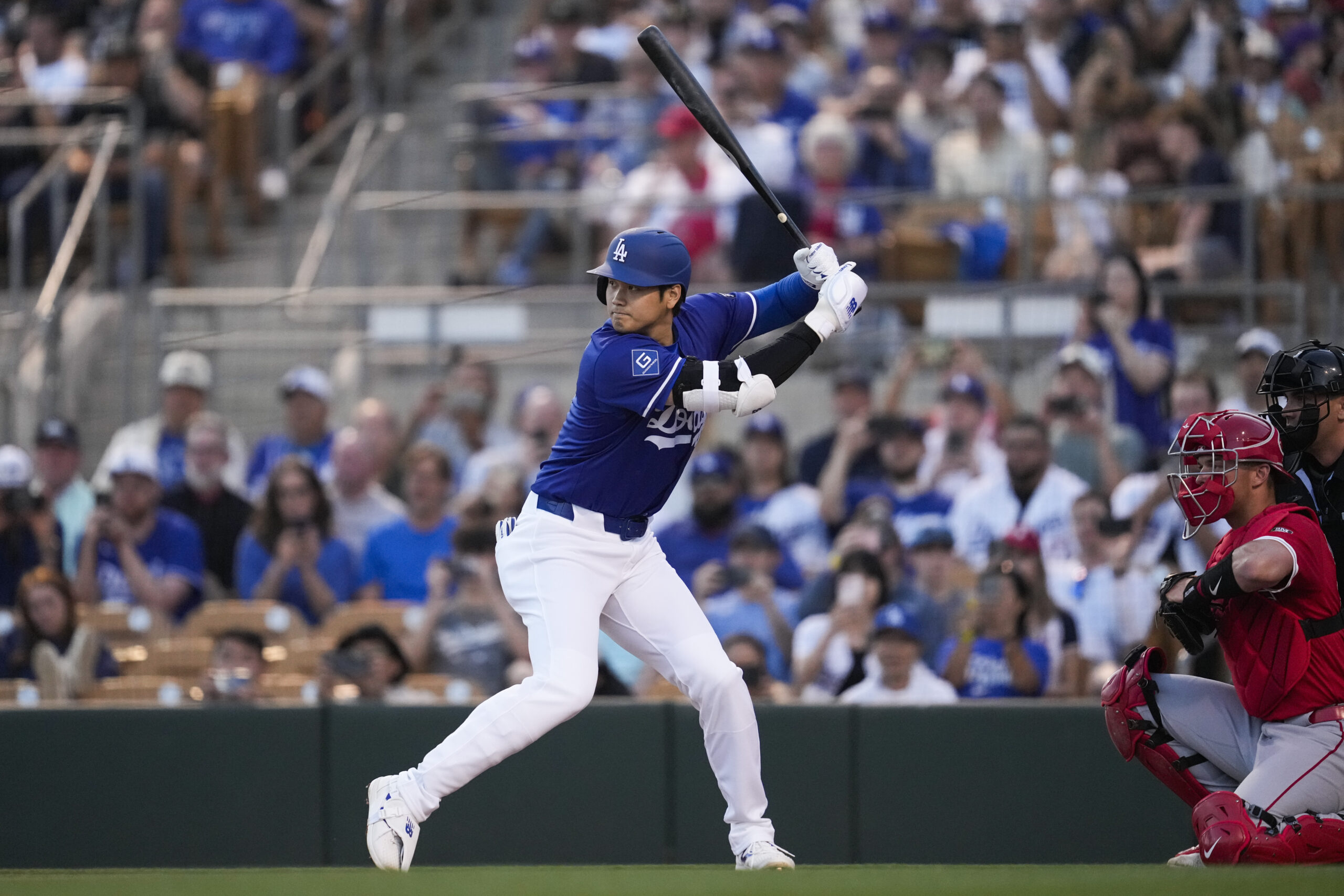 Dodgers designated hitter Shohei Ohtani waits for a pitch during...