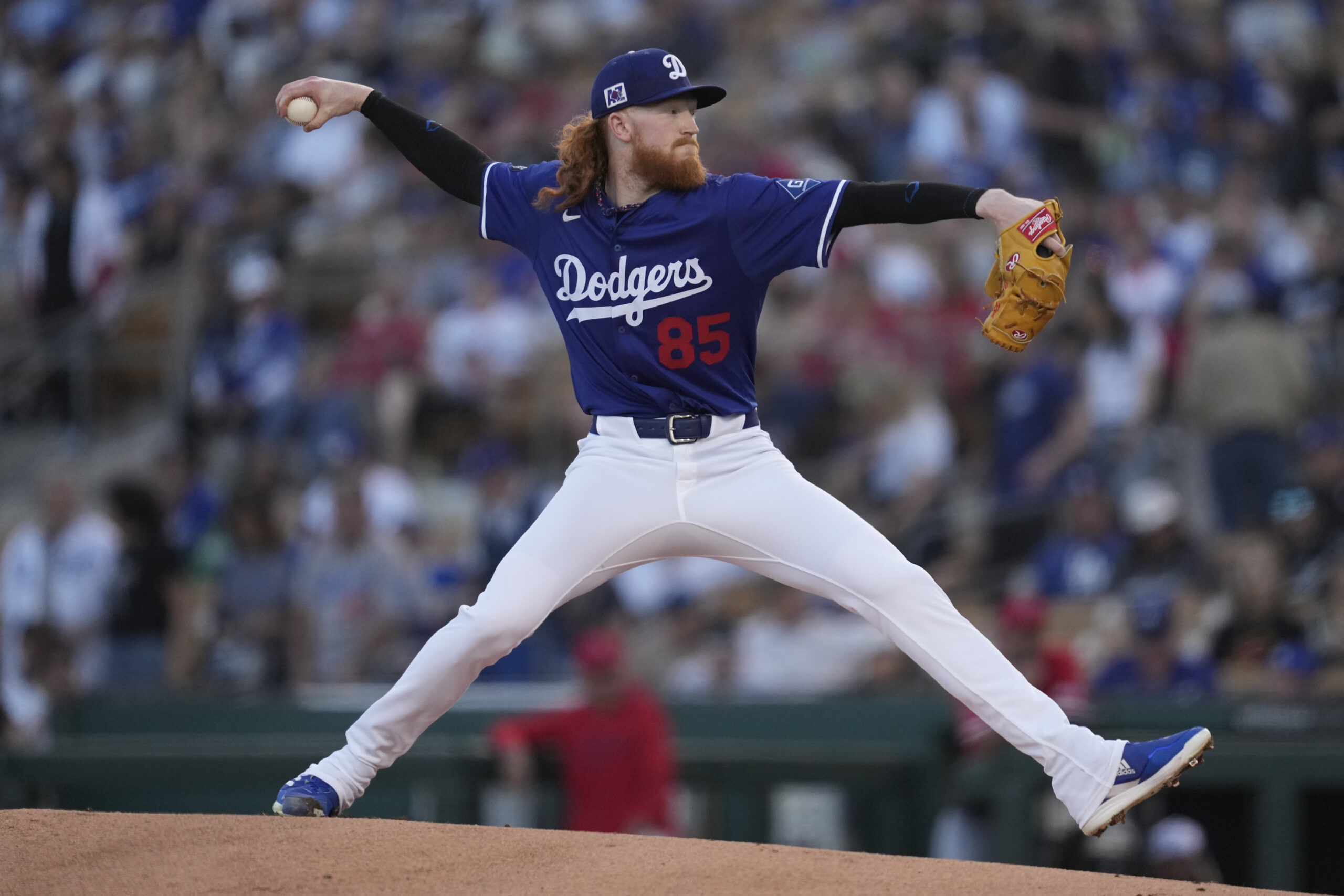 Dodgers starting pitcher Dustin May throws during the first inning...