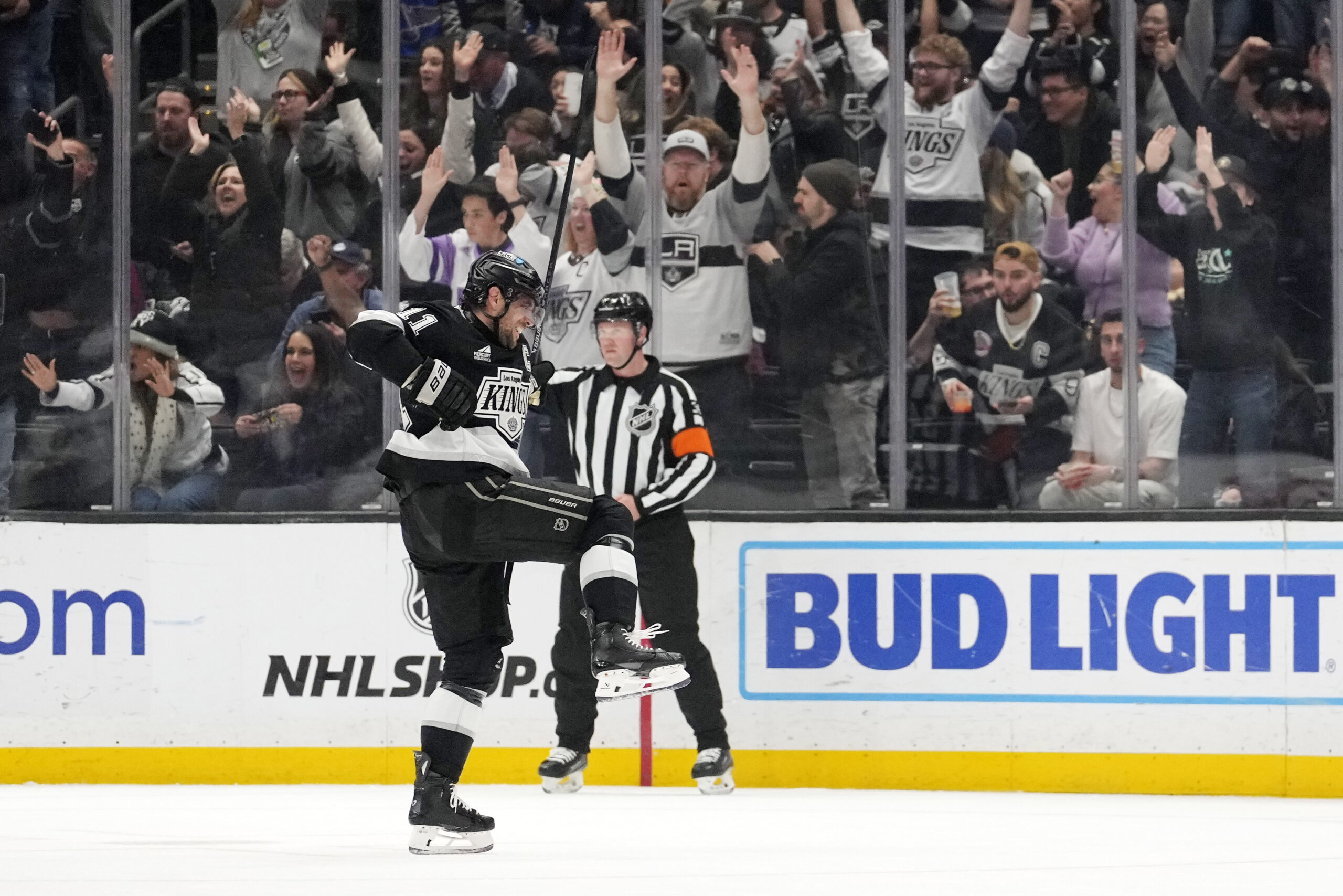 Kings center Anze Kopitar celebrates his goal during the first...