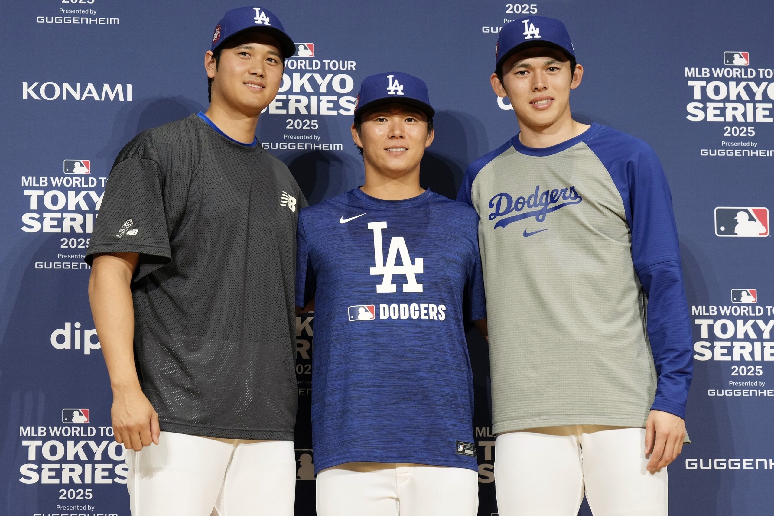 The Dodgers’ Shohei Ohtani, left, Yoshinobu Yamamoto, center, and Roki...