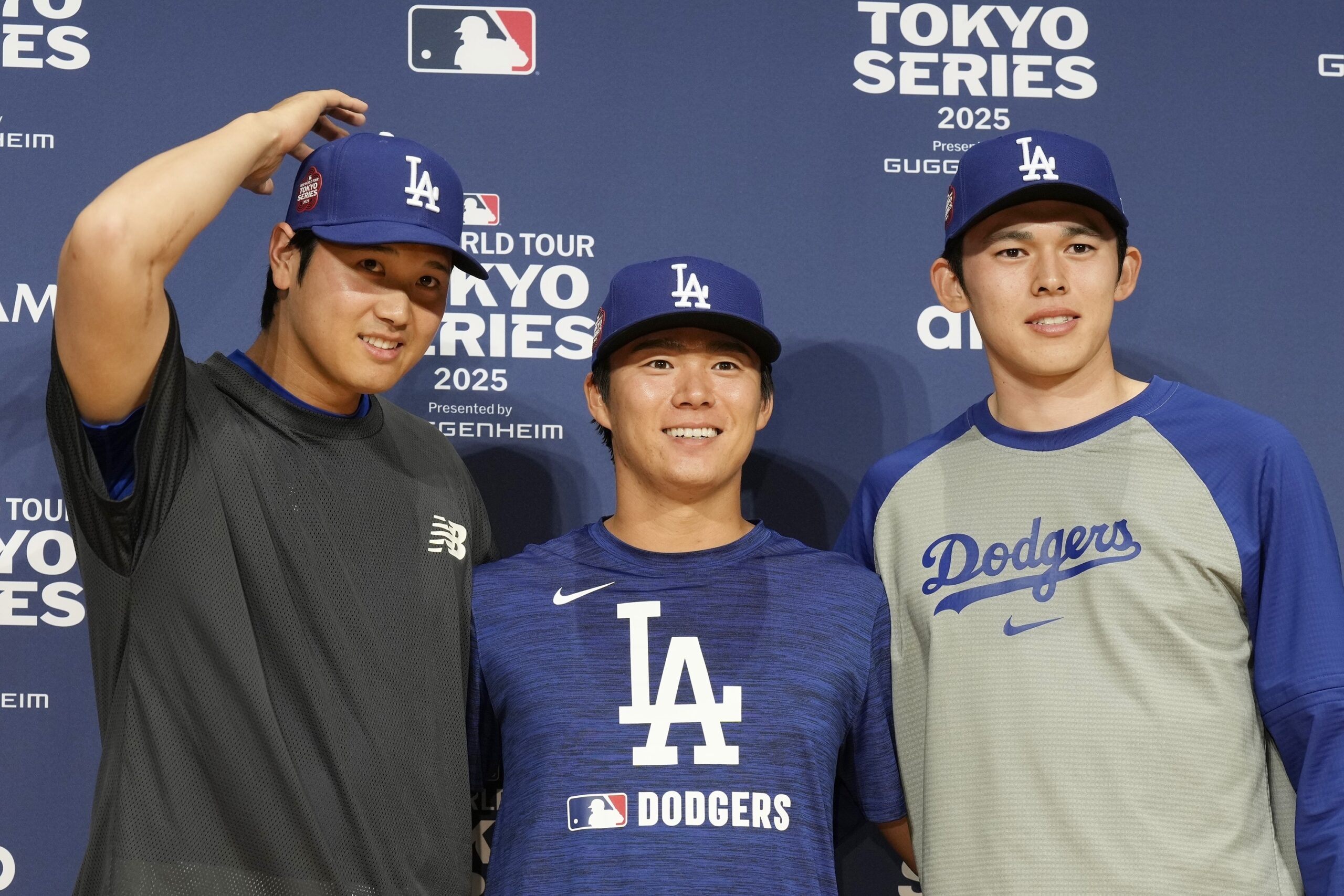 The Dodgers’ Shohei Ohtani, left, Yoshinobu Yamamoto, center, and Roki...