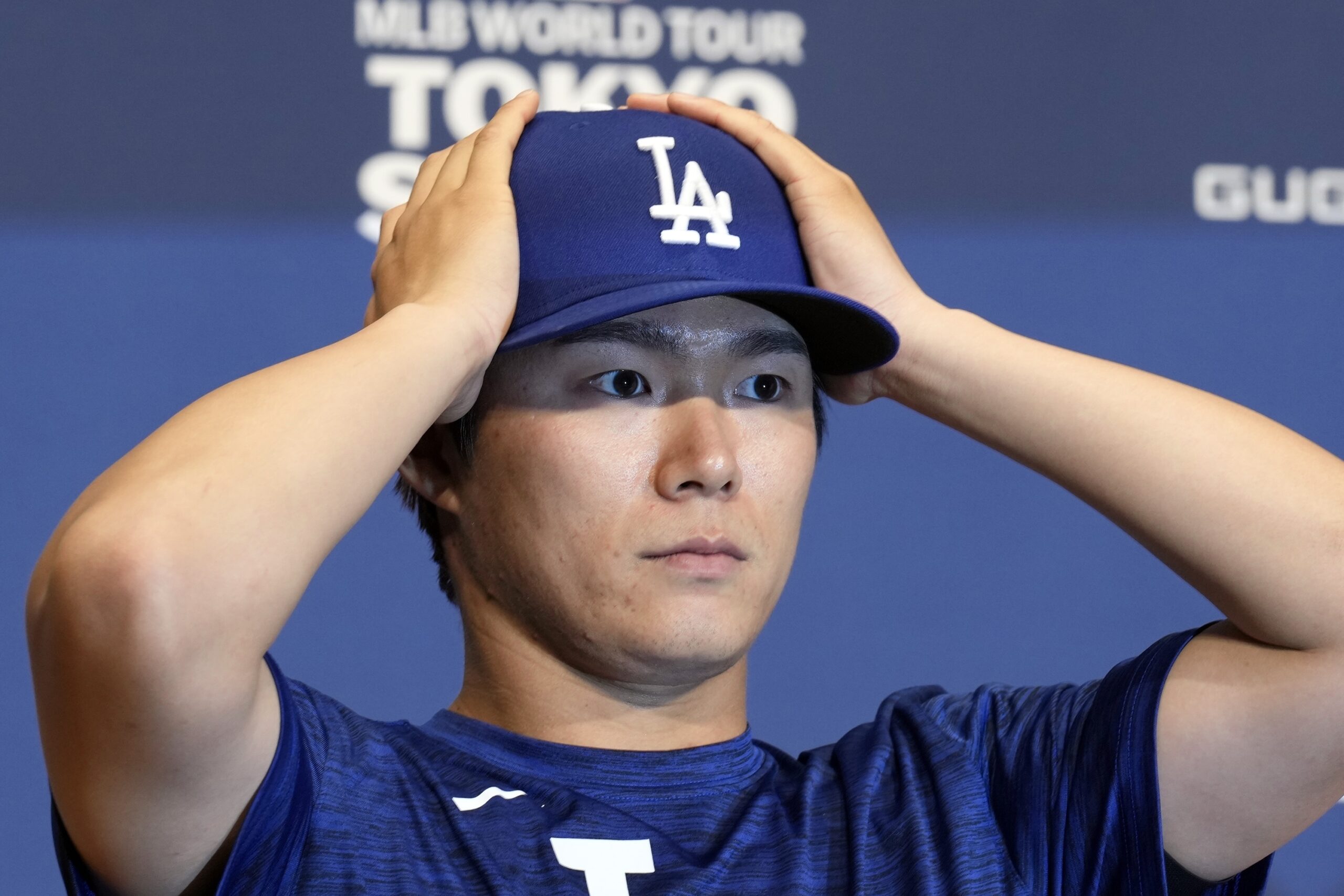 Dodgers pitcher Yoshinobu Yamamoto attends the official press conference Friday,...