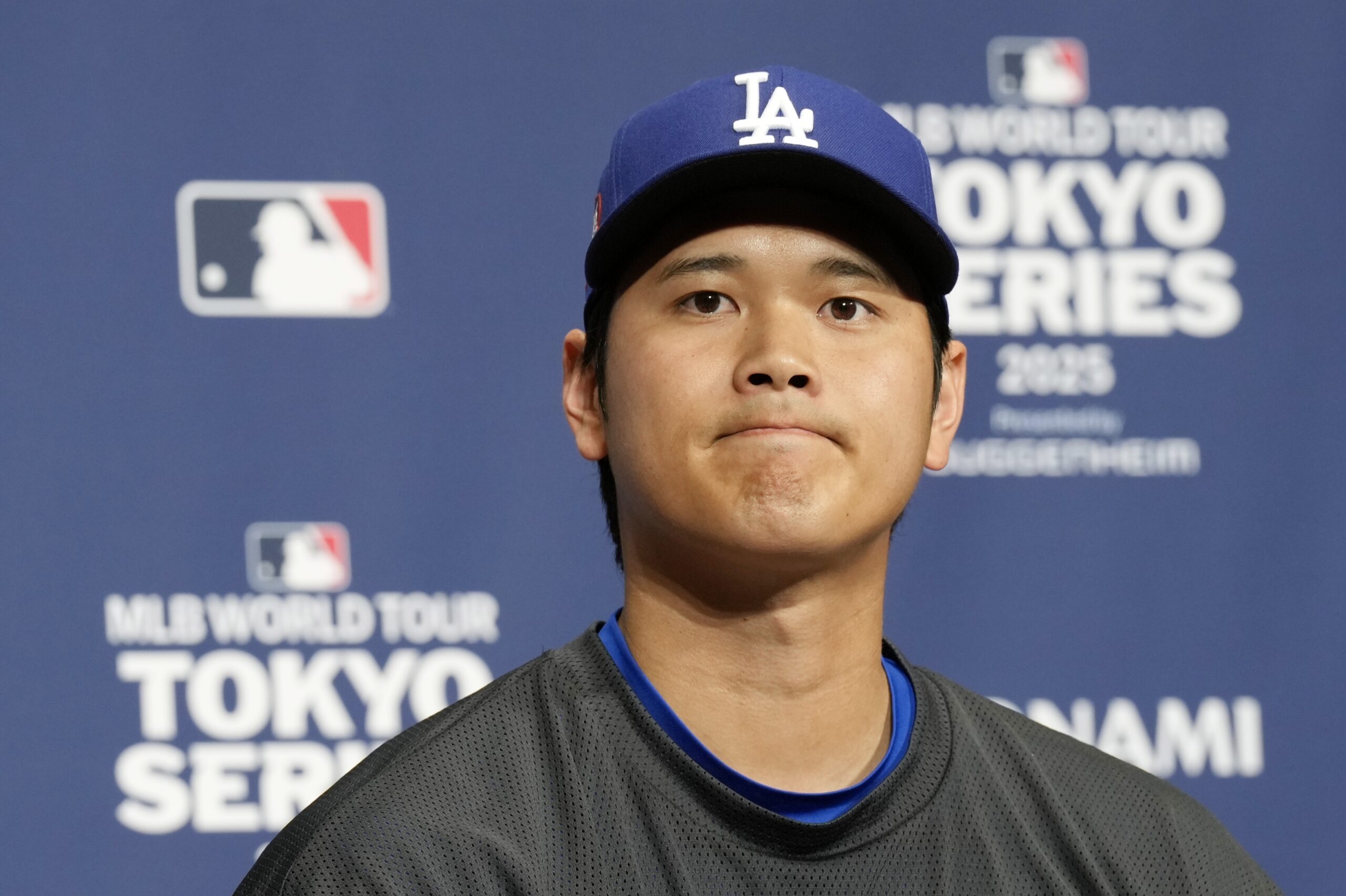 Dodgers star Shohei Ohtani attends the official press conference Friday,...