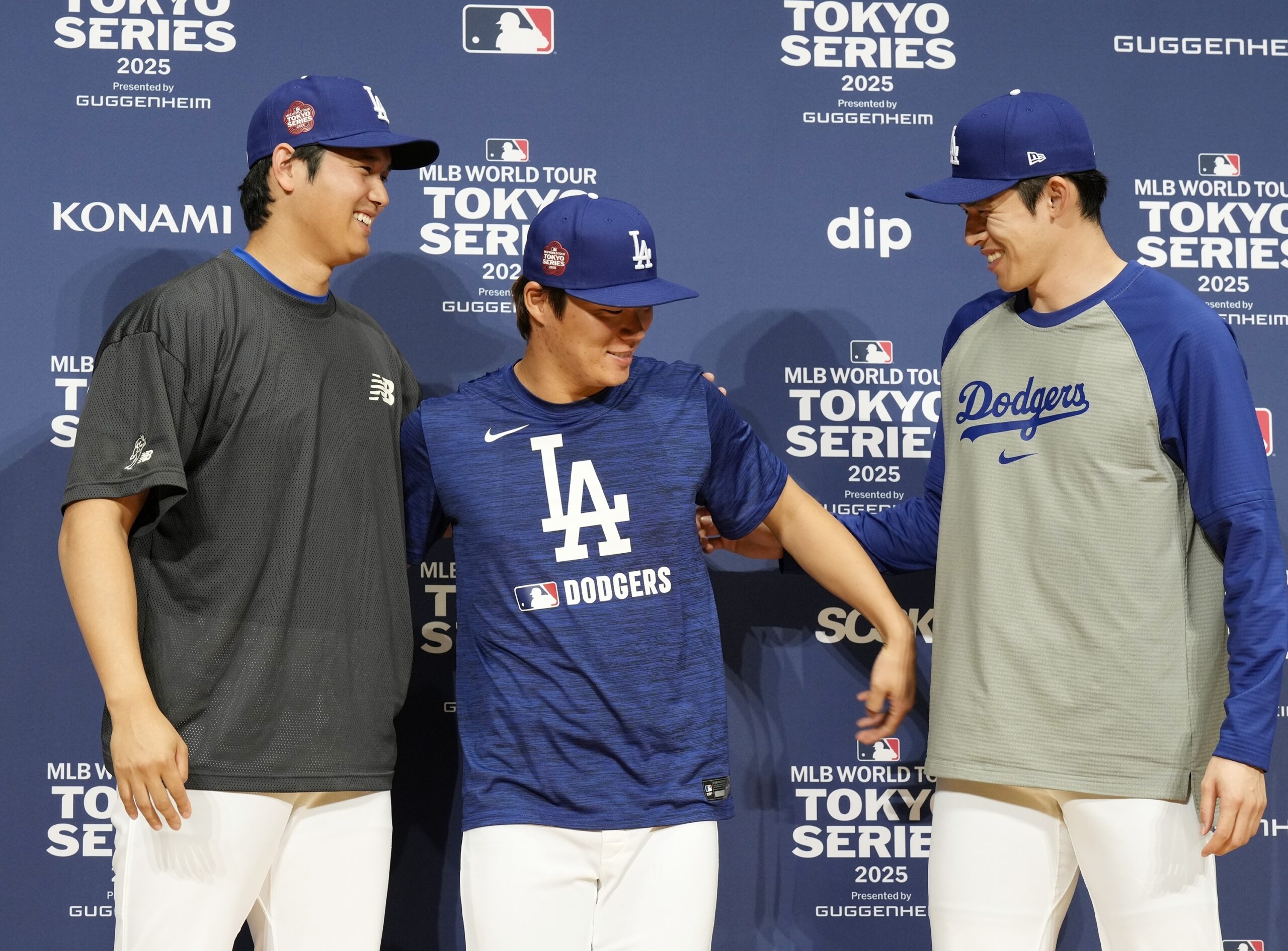 The Dodgers’ Shohei Ohtani, left, Yoshinobu Yamamoto, center, and Roki...