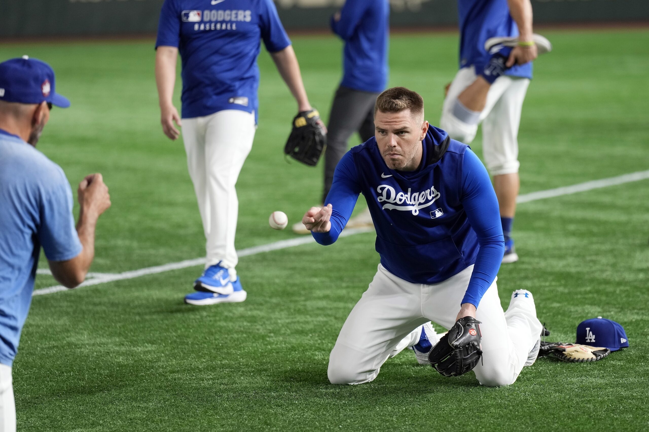 Dodgers first baseman Freddie Freeman warms up during the official...