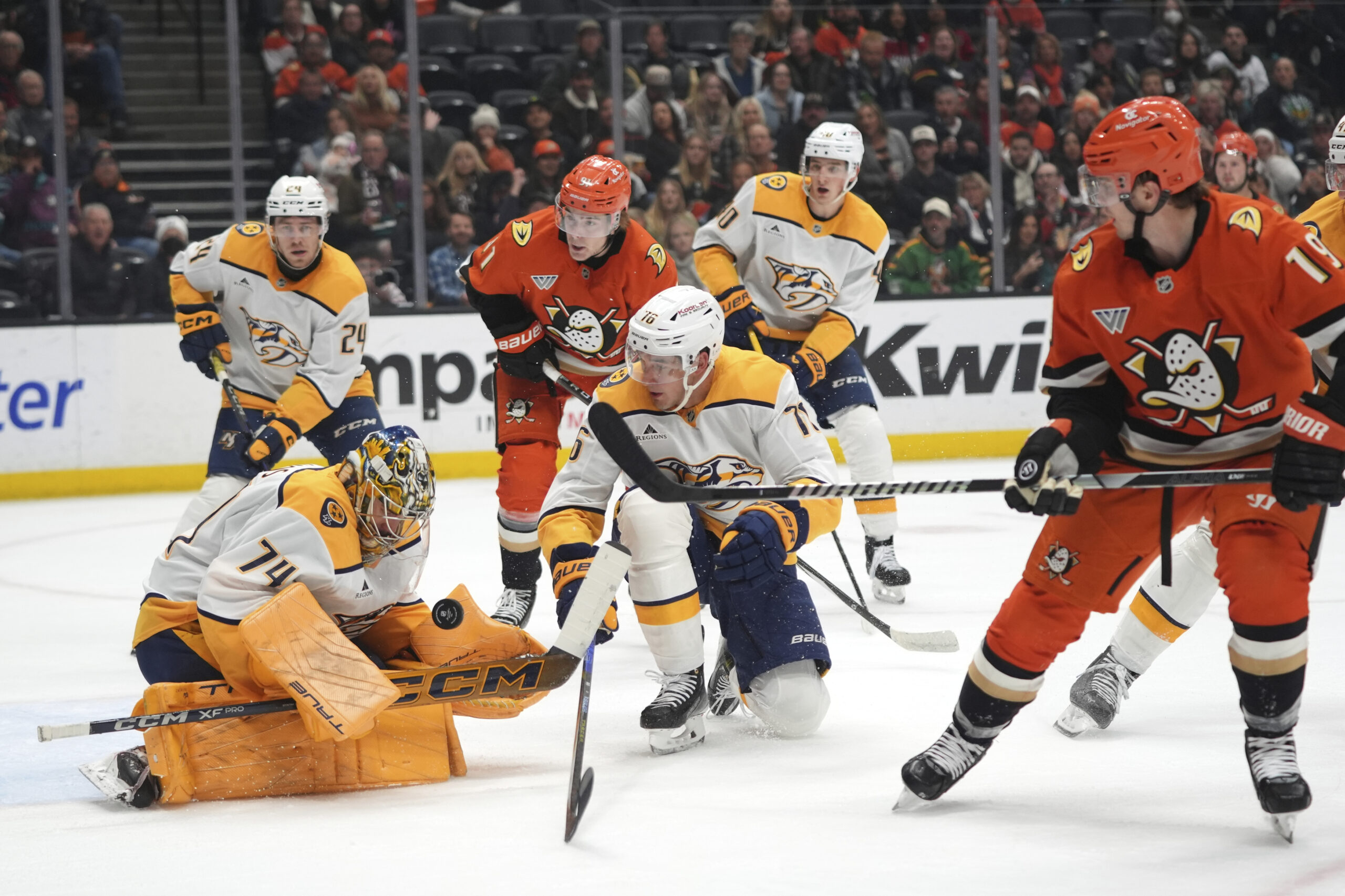 Nashville Predators goaltender Juuse Saros (74) stops a shot by...