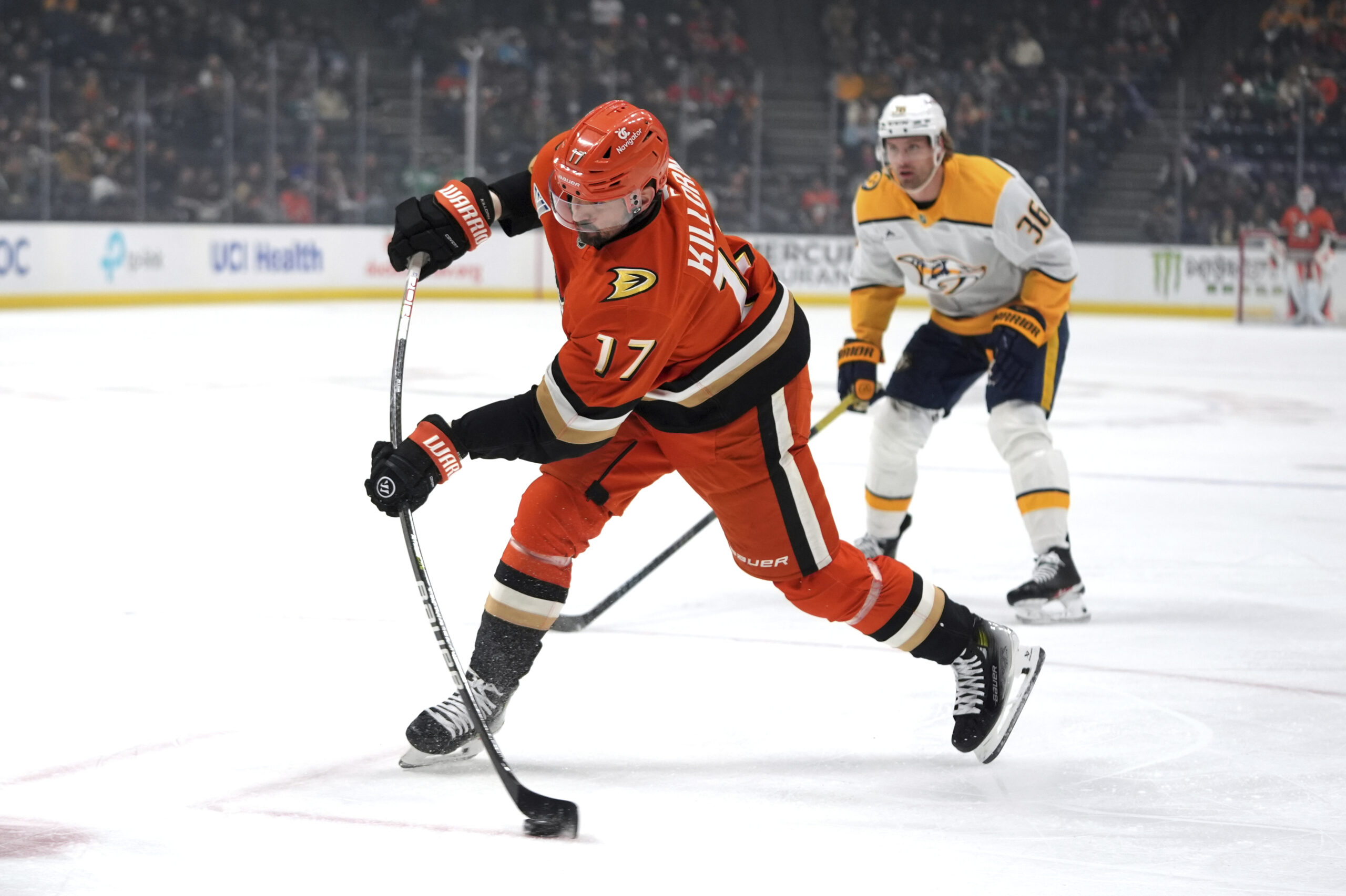 Ducks left wing Alex Killorn attempts a shot during the...