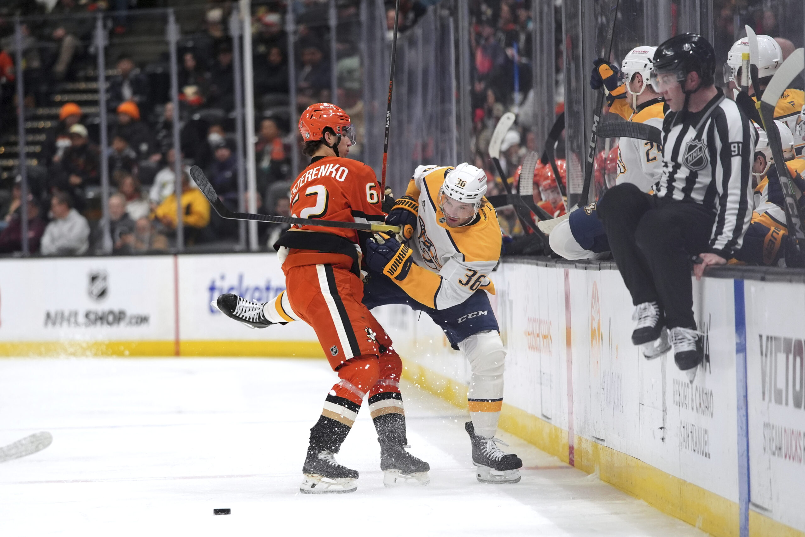 Ducks center Nikita Nesterenko (62) shoves Nashville Predators left wing...