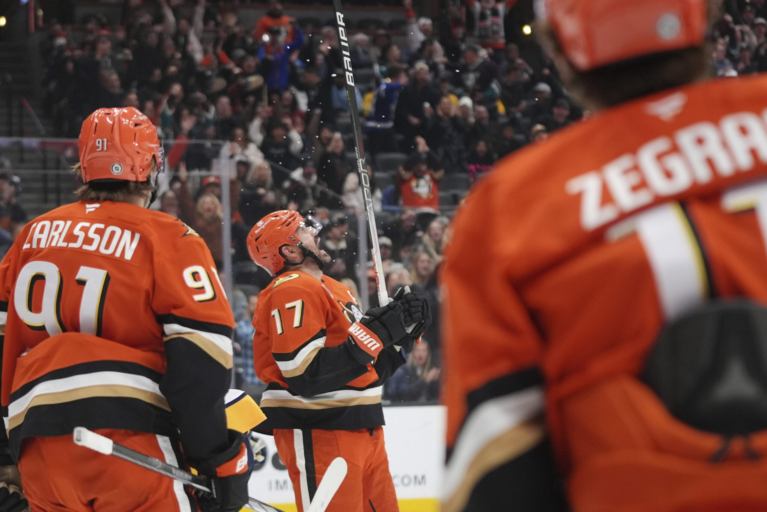 Ducks left wing Alex Killorn (17) celebrates his goal during...