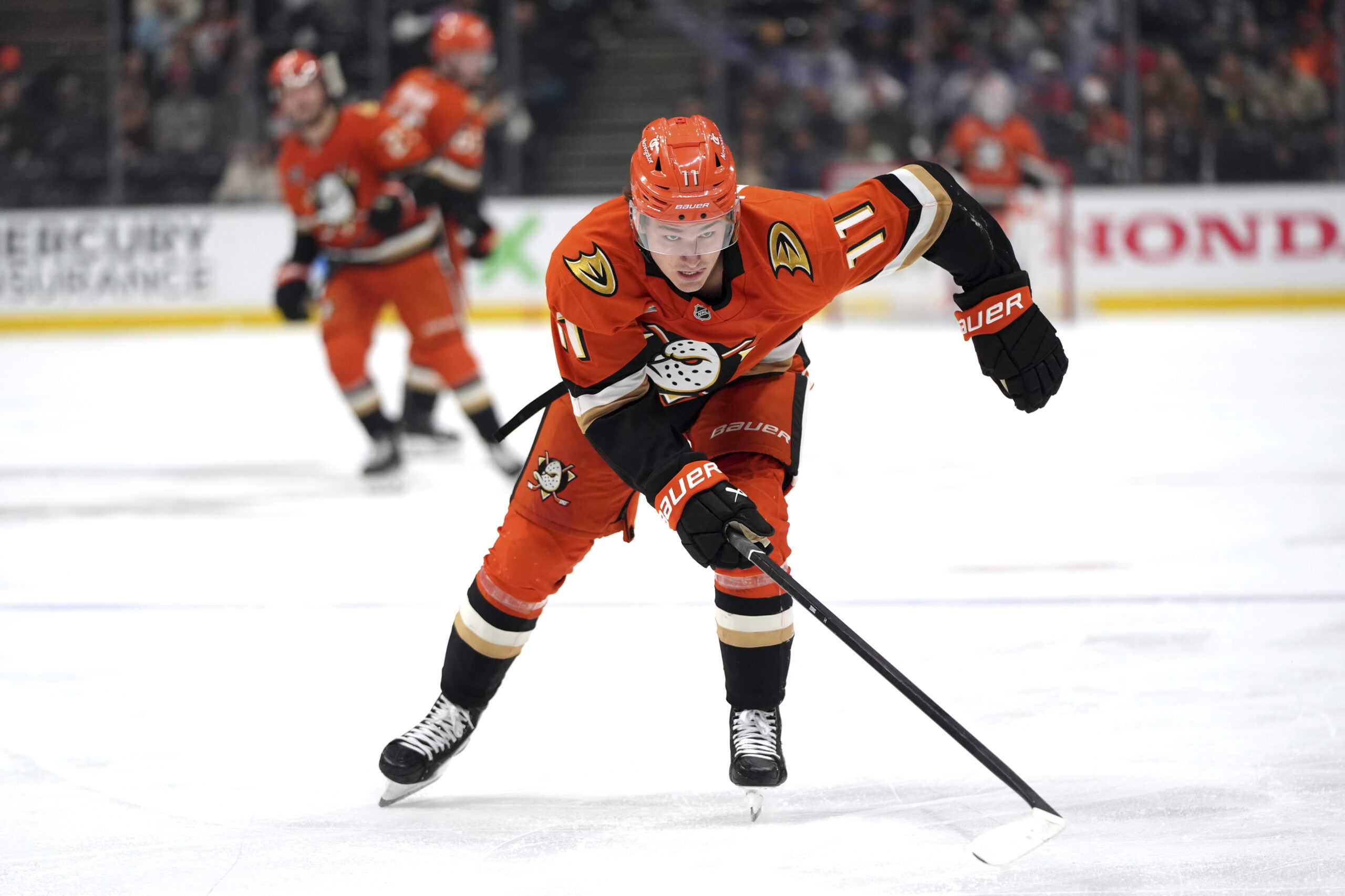 Ducks center Trevor Zegras (11) chases the puck during the...