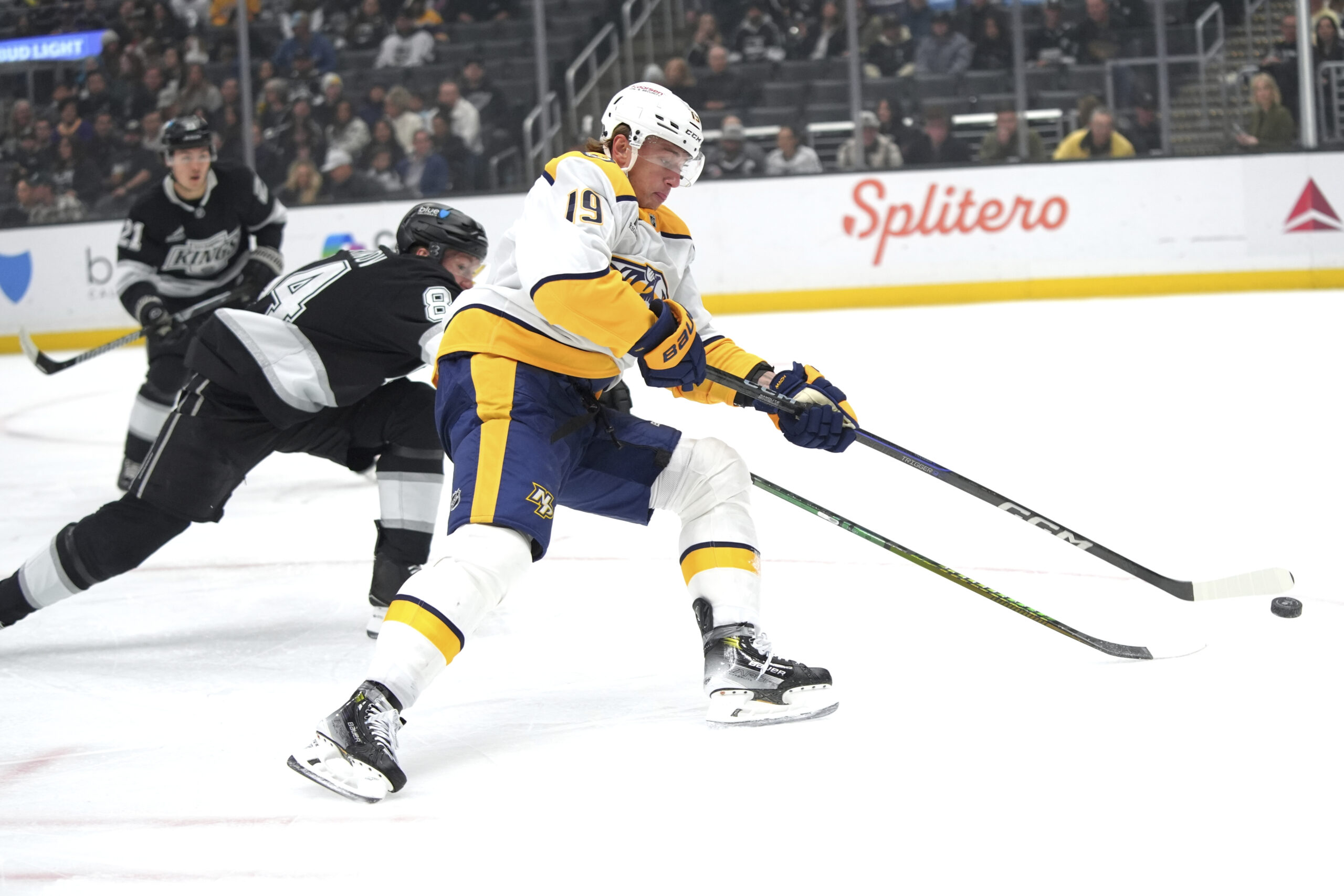 Nashville Predators left wing Jakub Vrana (19) moves the puck...