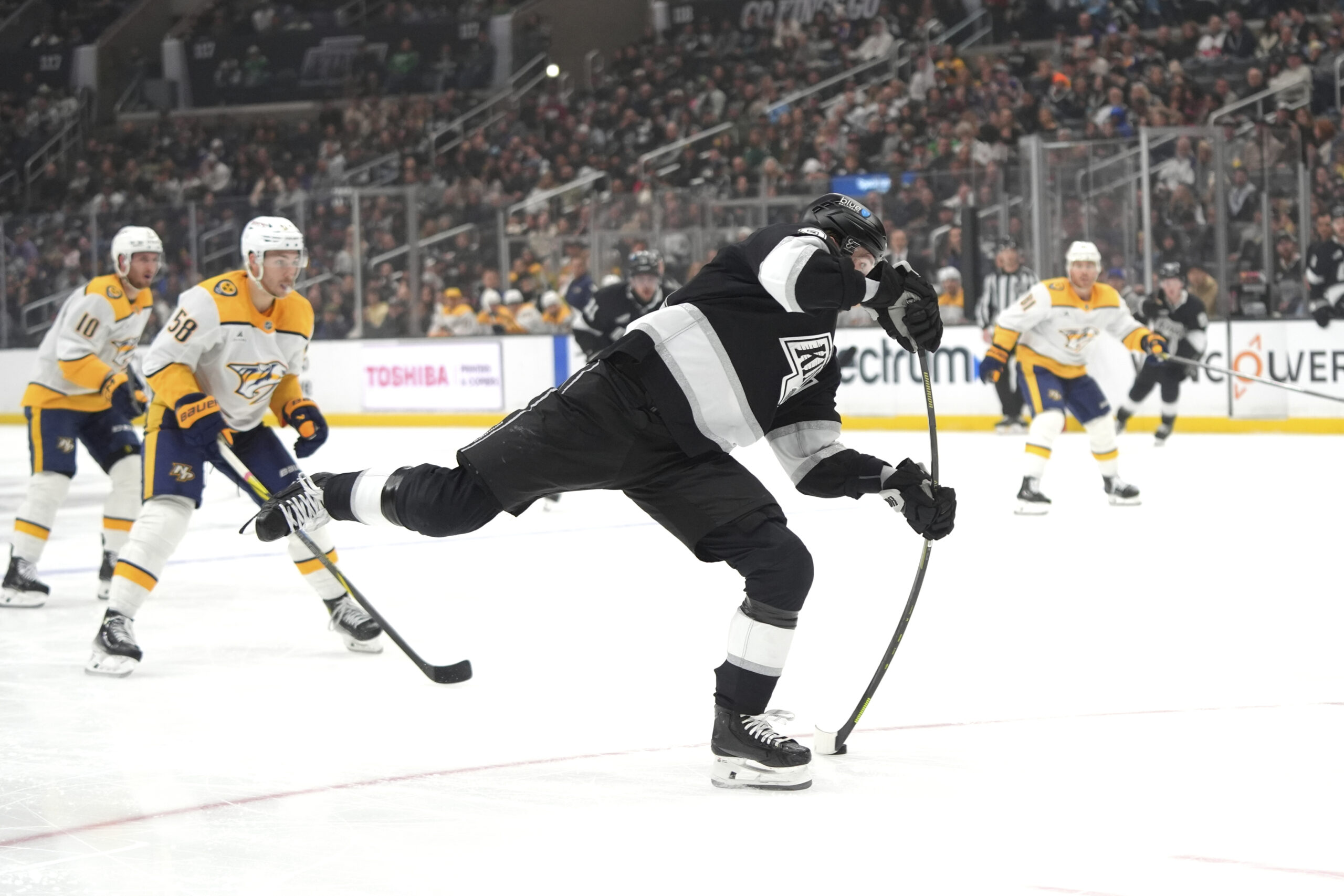 Kings right wing Adrian Kempe (9) attempts a shot during...