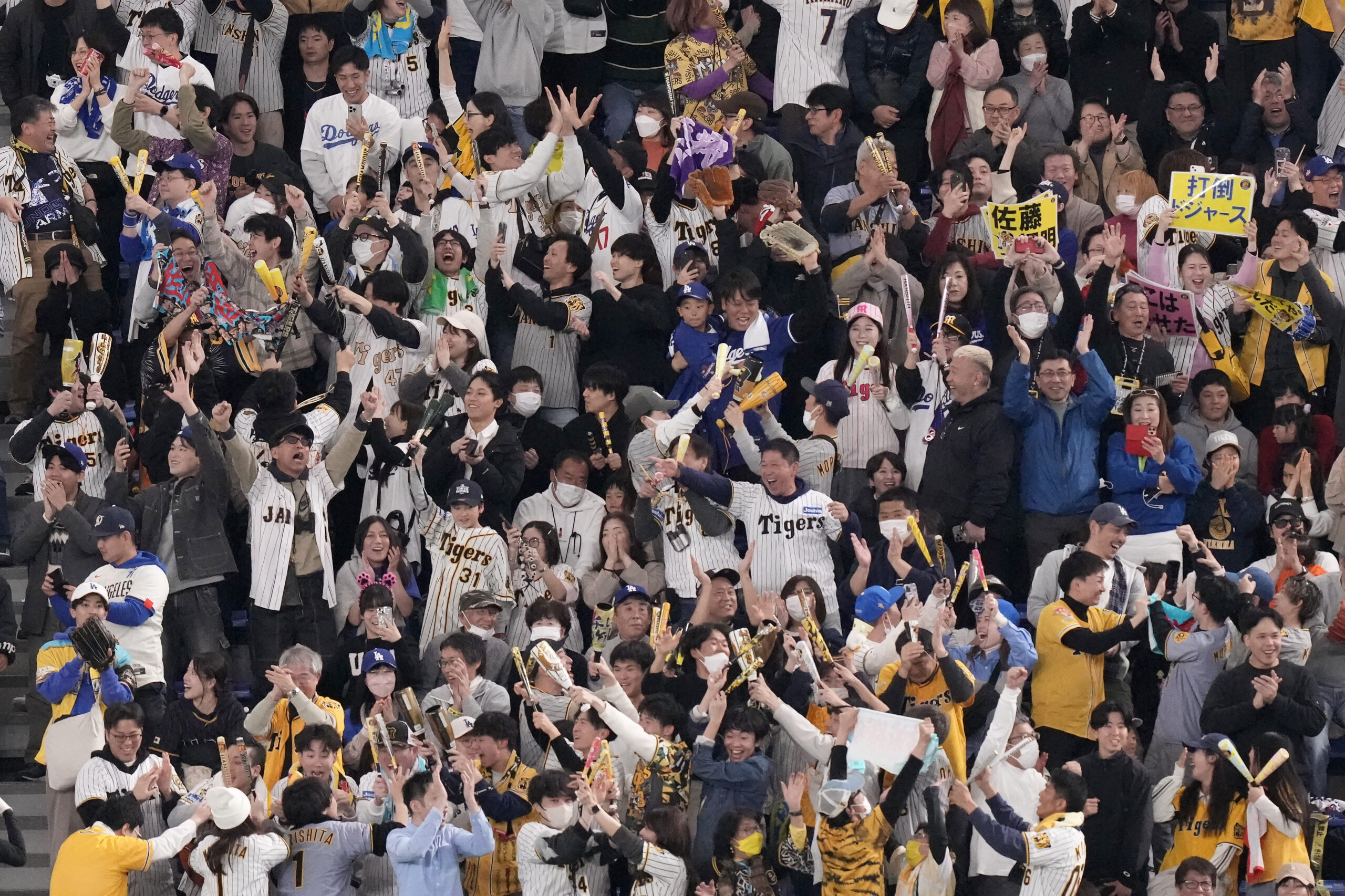 Fans cheer after the Hanshin Tigers’ Teruaki Sato hit a...