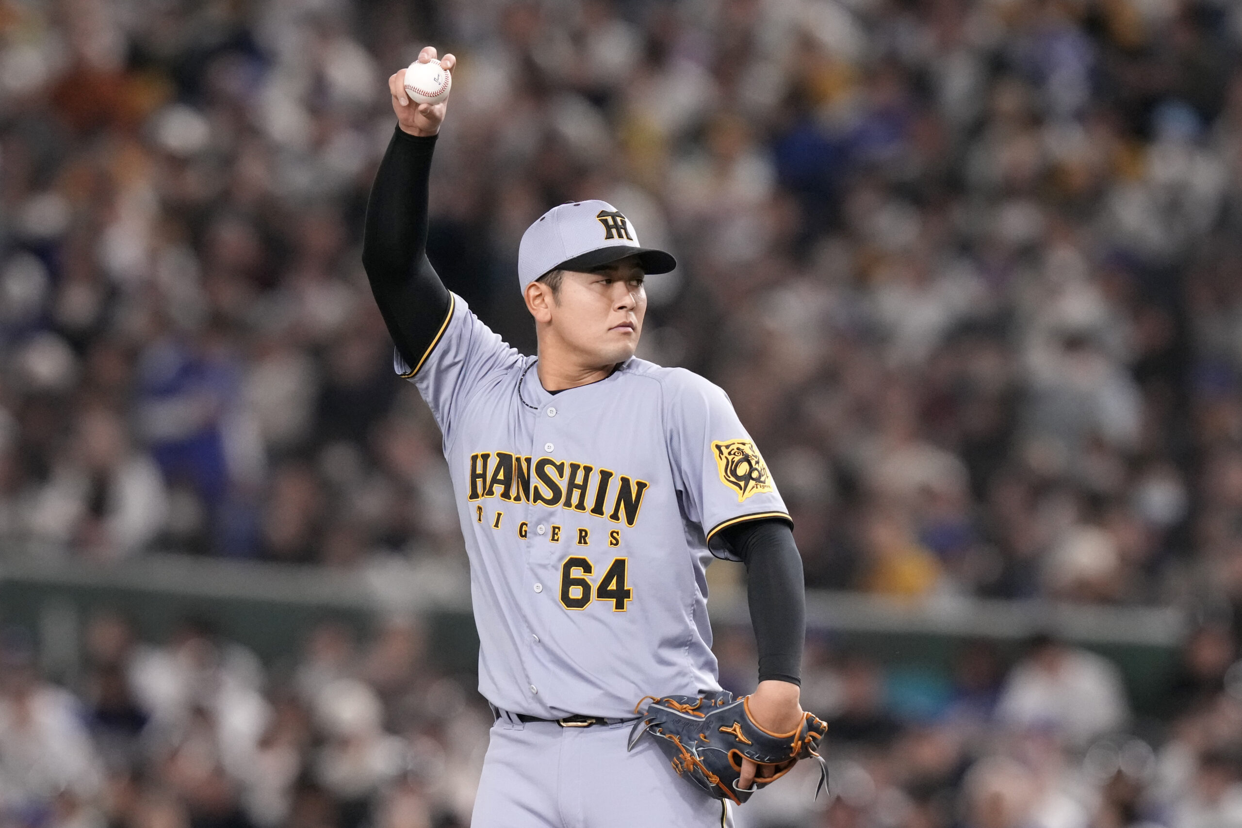 Hanshin Tigers pitcher Hidetaka Okadome prepares to pitch against the...