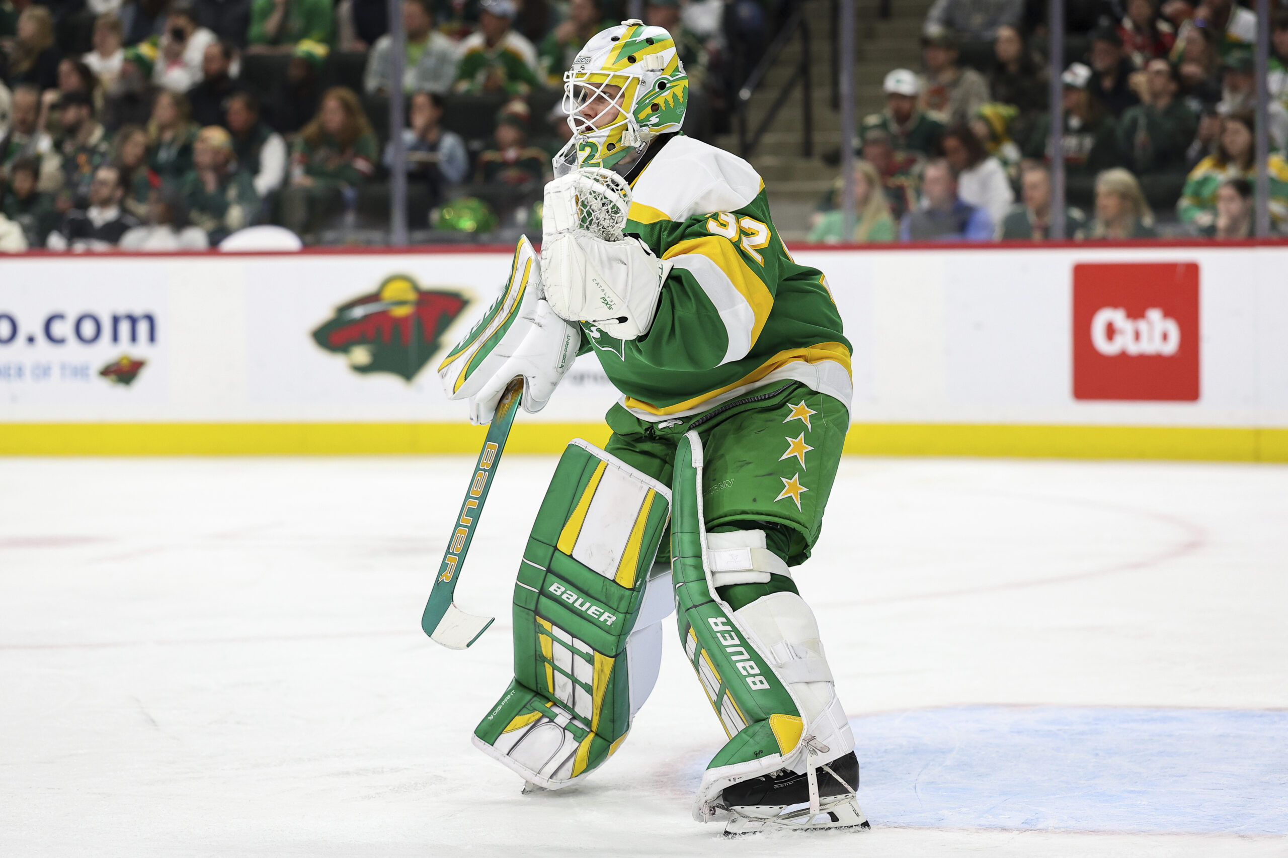 Minnesota Wild goaltender Filip Gustavsson defends the net against the...