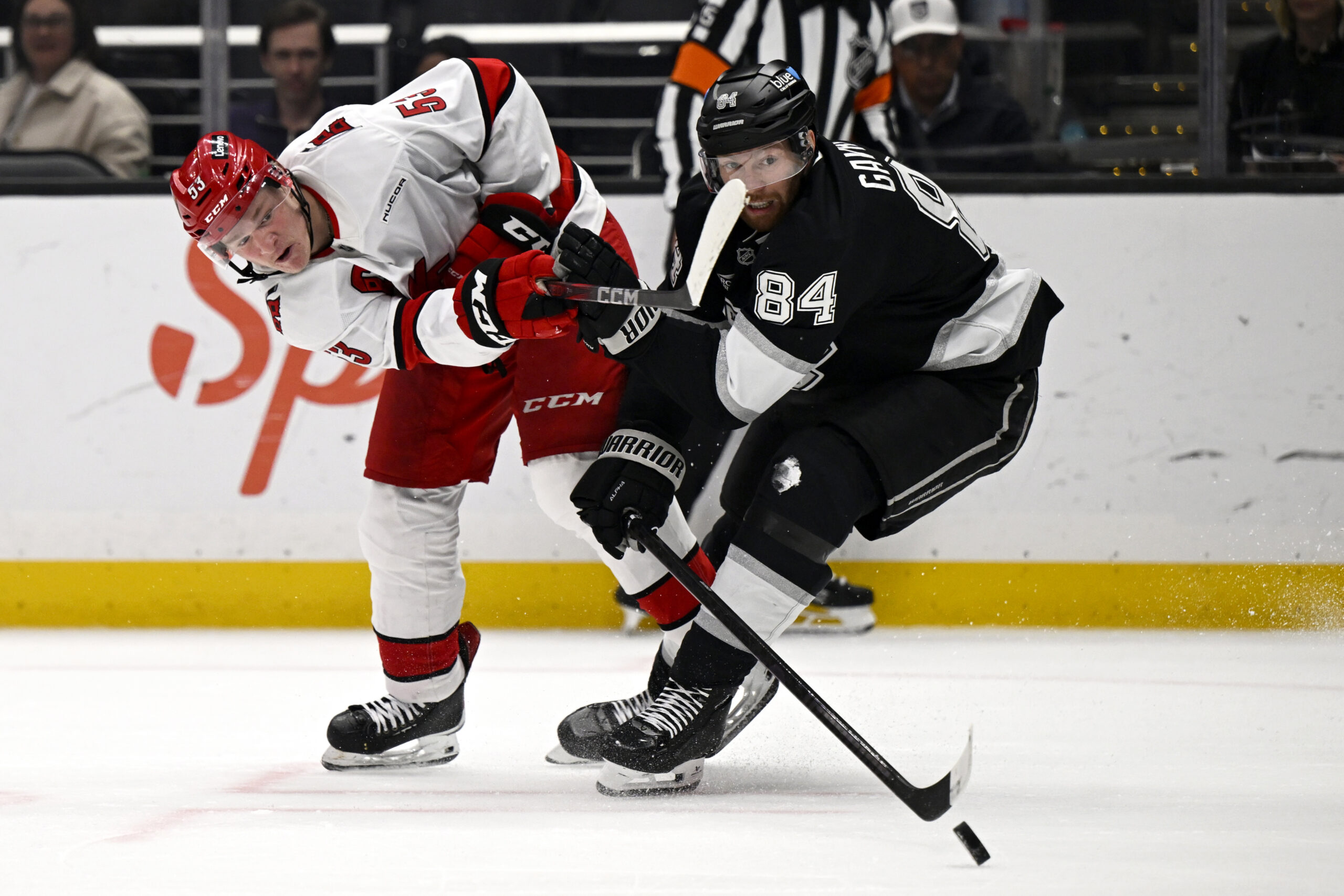 Carolina Hurricanes right wing Jackson Blake (53) takes a shot...