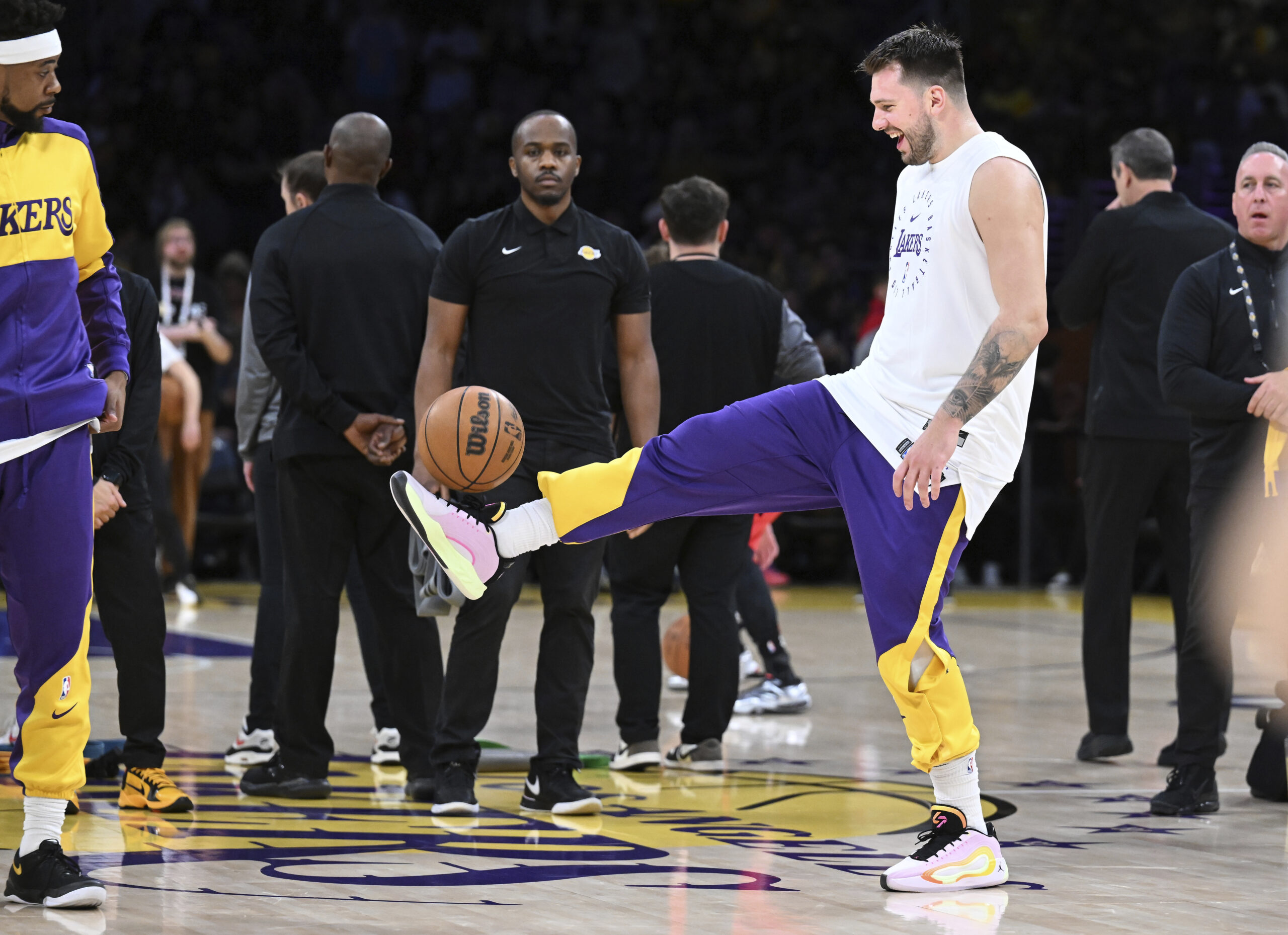 Lakers guard Luka Doncic warms-up before an NBA basketball game...