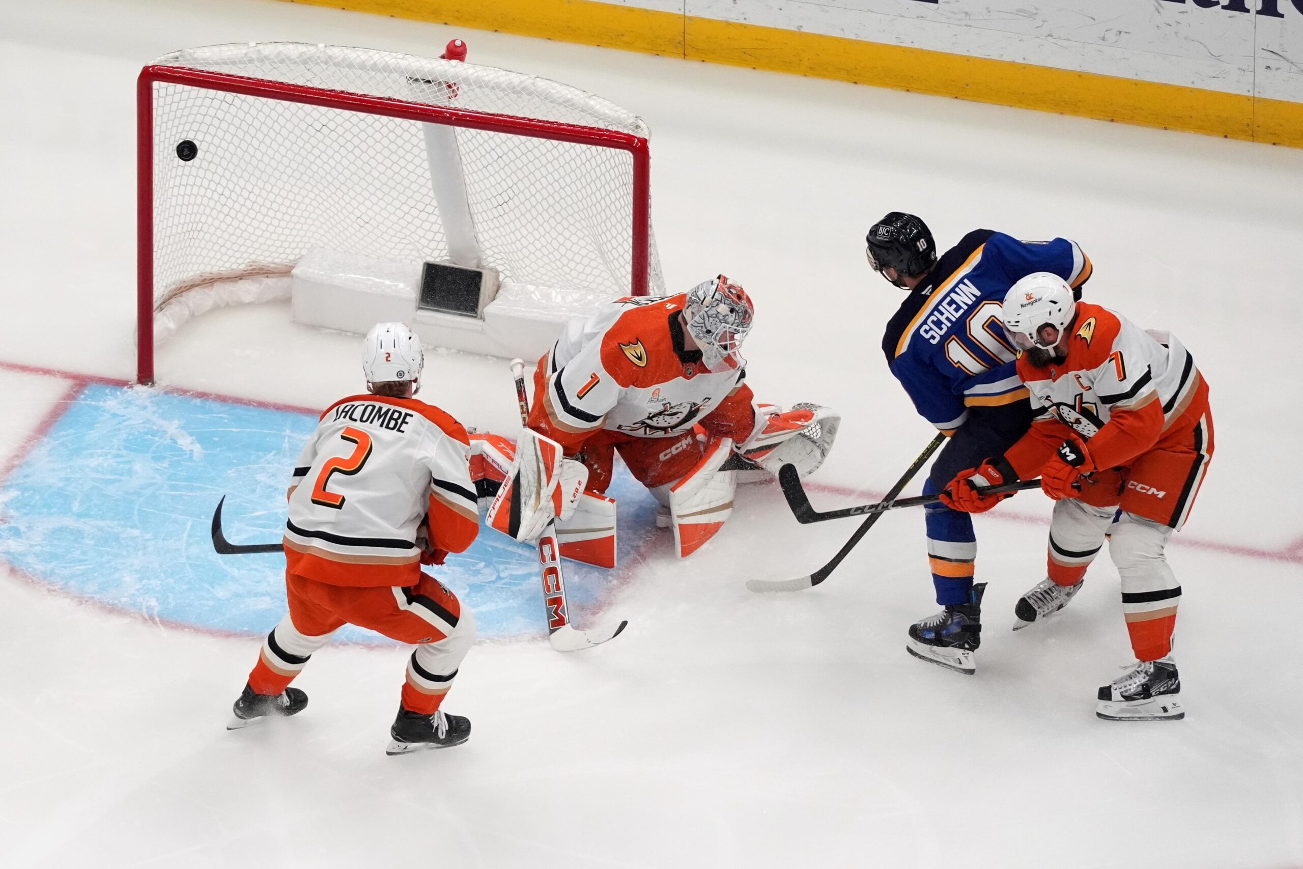 St. Louis Blues’ Brayden Schenn (10) scores past Ducks goaltender...