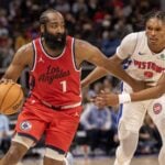 Detroit Pistons forward Ausar Thompson (9) defends against LA Clippers guard James Harden