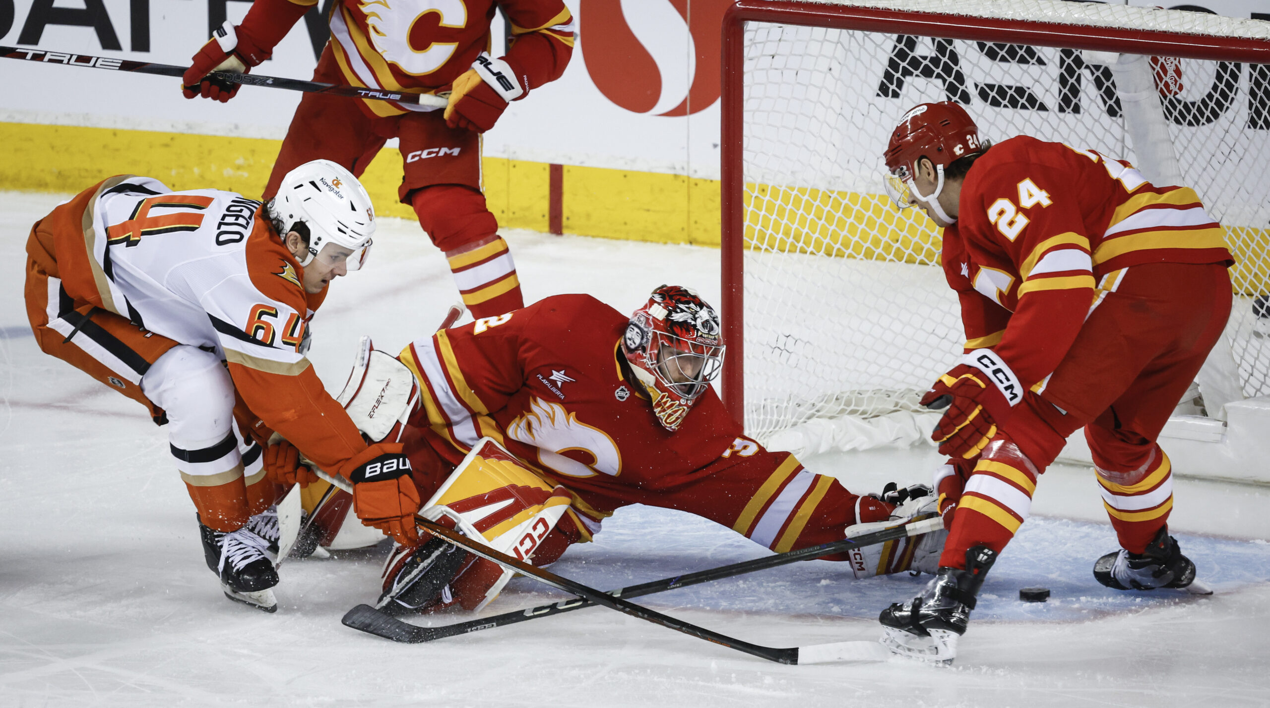 The Ducks’ Sam Colangelo, left, tries to get the puck...
