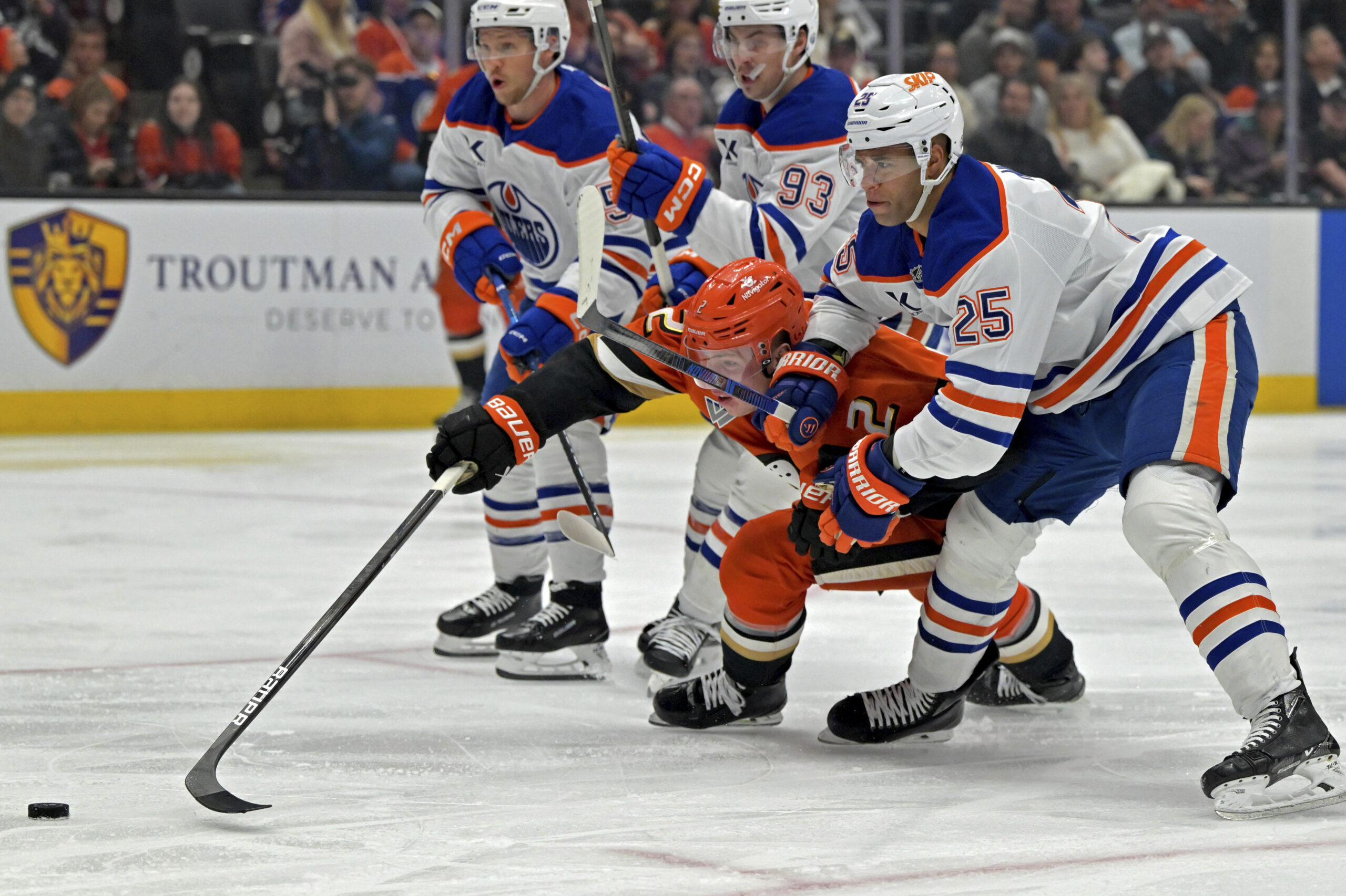 Edmonton Oilers defenseman Darnell Nurse (25) and Ducks defenseman Jackson...