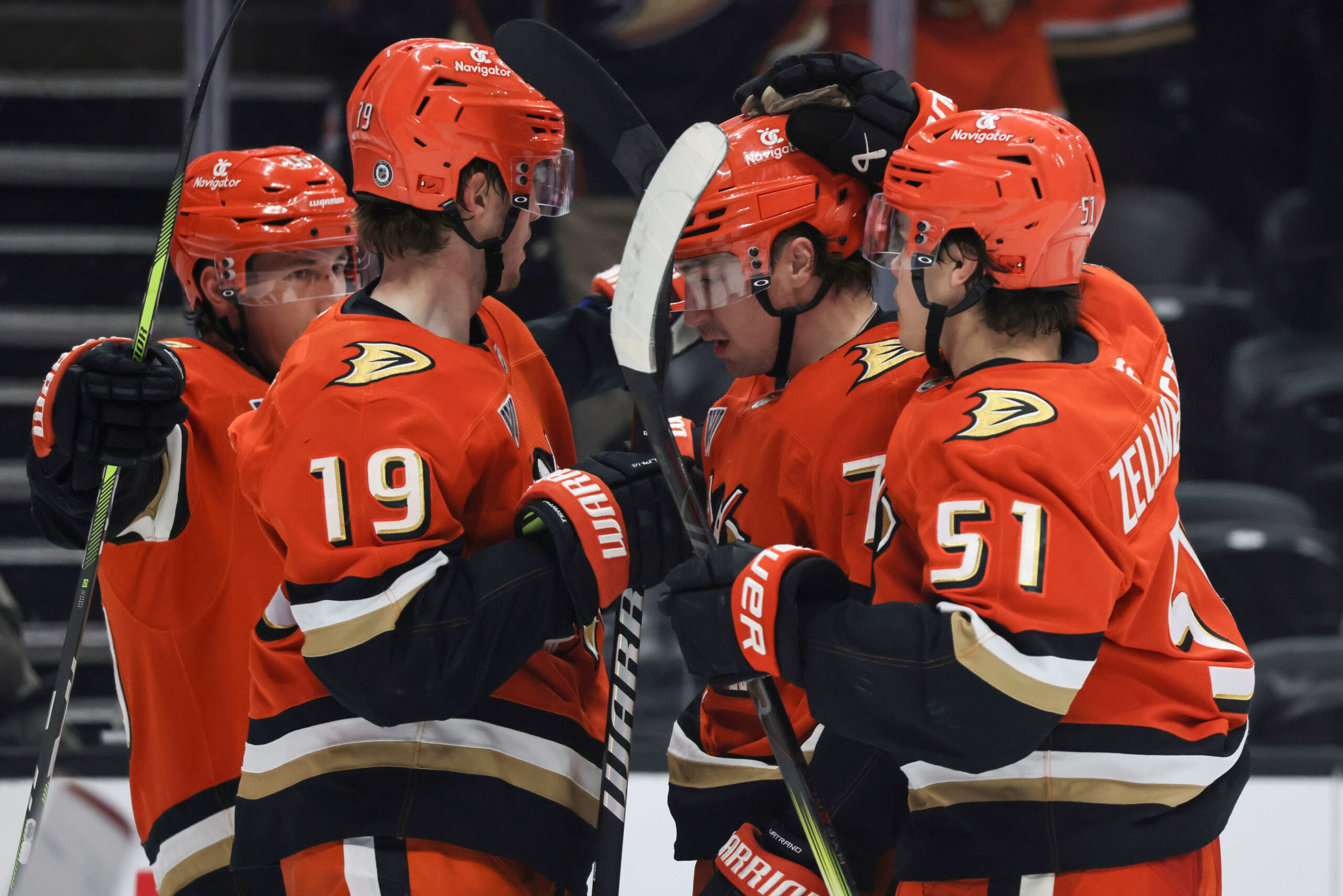 Ducks players celebrate a goal by winger Frank Vatrano, second...