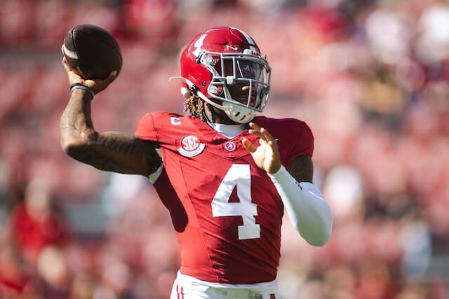 Nov 16, 2024; Tuscaloosa, Alabama, USA; Alabama Crimson Tide quarterback Jalen Milroe (4) prepares to throw during warmups prior to a game against Mercer Bears at Bryant-Denny Stadium. Mandatory Credit: Will McLelland-Imagn Images Jalen Milroe