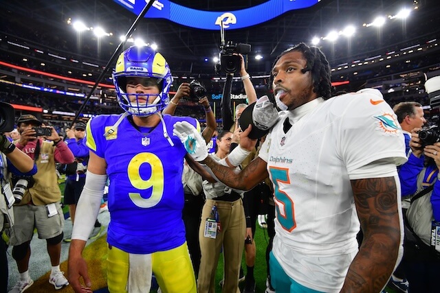 Nov 11, 2024; Inglewood, California, USA; Los Angeles Rams quarterback Matthew Stafford (9) meets with Miami Dolphins cornerback Jalen Ramsey (5) following the game at SoFi Stadium. Mandatory Credit: Gary A. Vasquez-Imagn Images Matthew Stafford, Jalen Ramsey, Rams, Dolphins