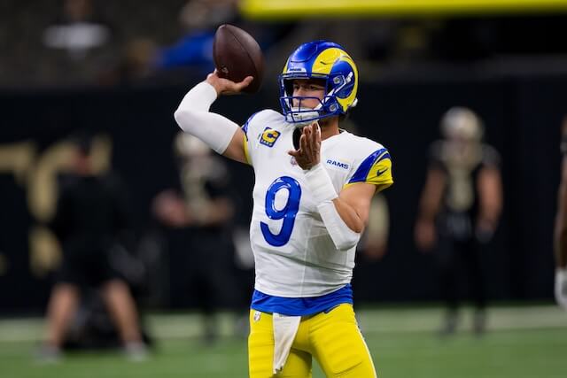 Dec 1, 2024; New Orleans, Louisiana, USA; Los Angeles Rams quarterback Matthew Stafford (9) throws before a game against the New Orleans Saints at Caesars Superdome. Mandatory Credit: Matthew Hinton-Imagn Images Matthew Stafford, Rams