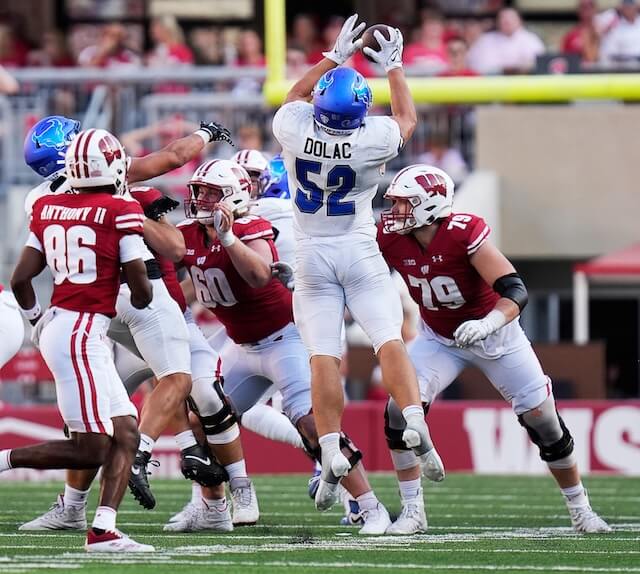 Buffalo linebacker Shaun Dolac (52) intercepts the ball during the fourth quarter of the game on Saturday September 2, 2023 at Camp Randall Stadium in Madison, Wis. Shaun Dolac, Rams