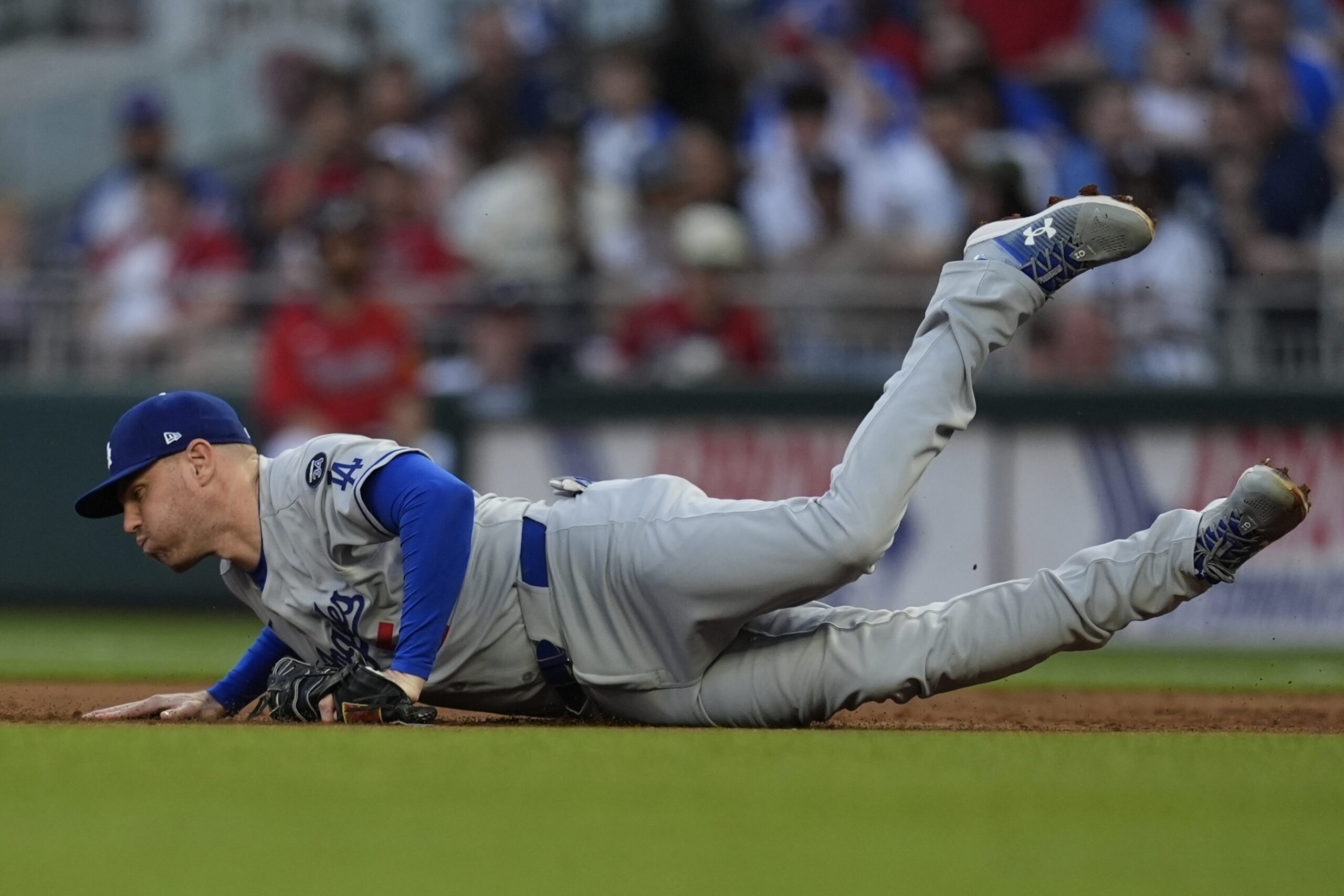 Dodgers first baseman Freddie Freeman makes a catch against the...
