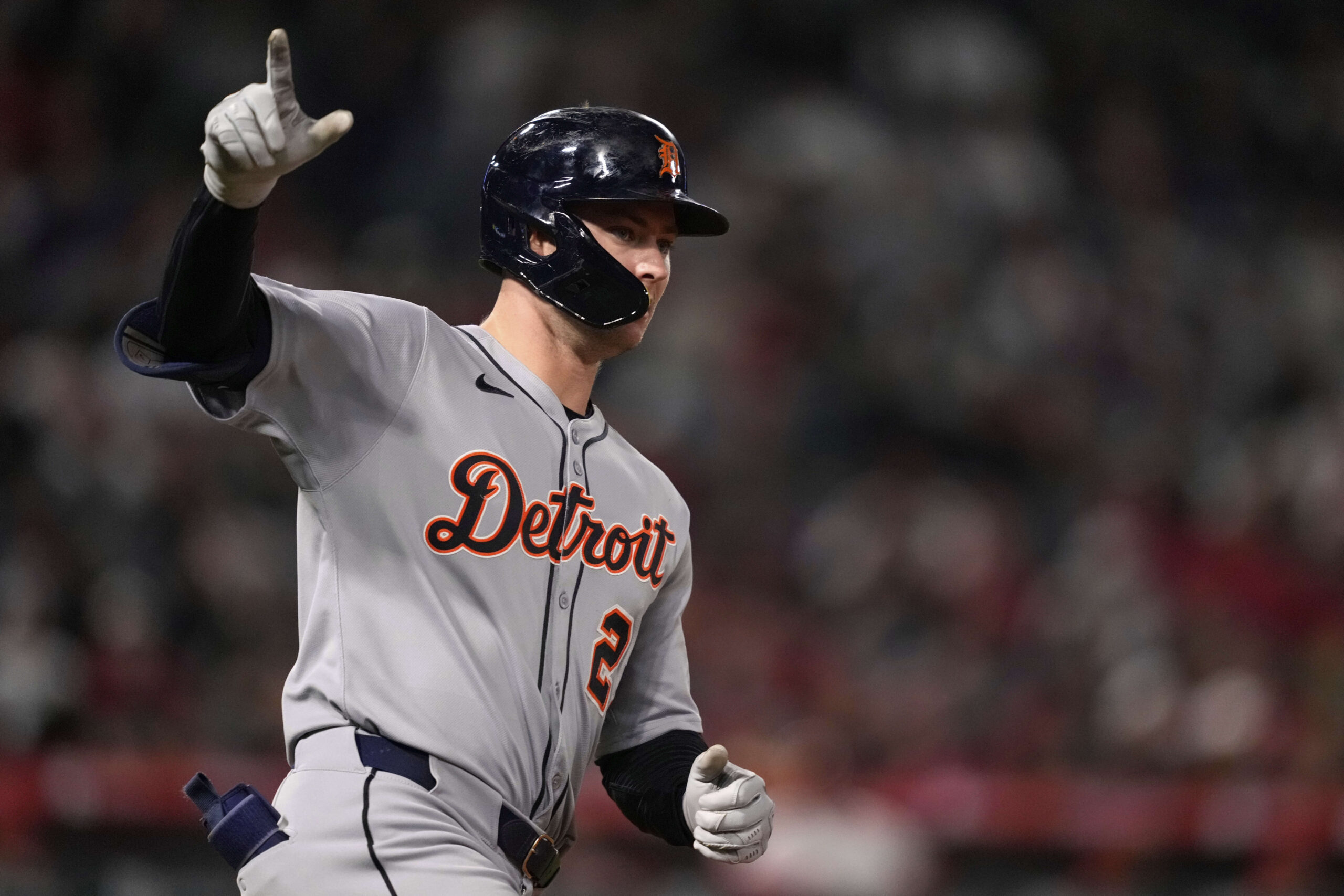 The Detroit Tigers’ Trey Sweeney gestures after hitting a solo...