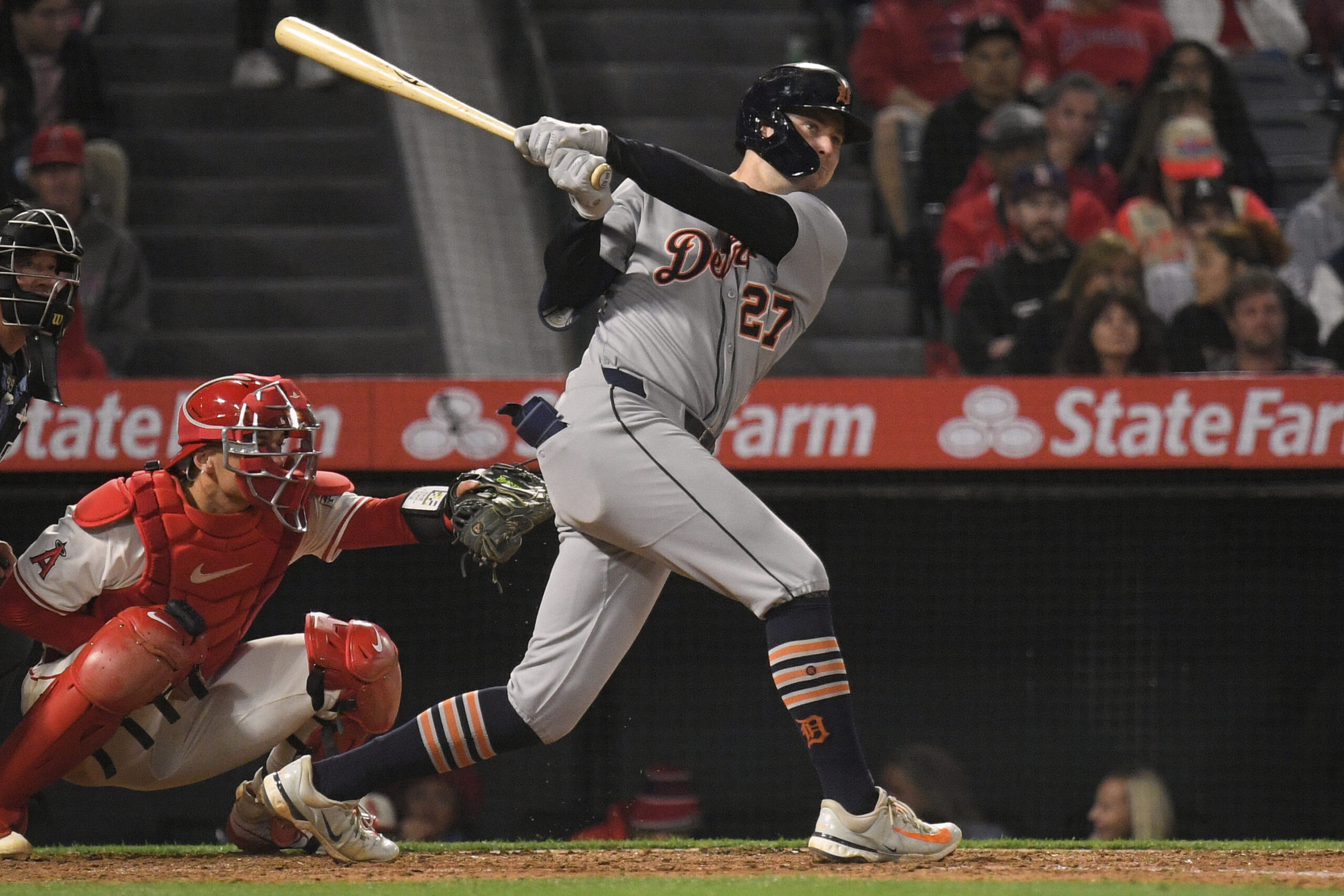 The Detroit Tigers’ Trey Sweeney hits a solo home run...