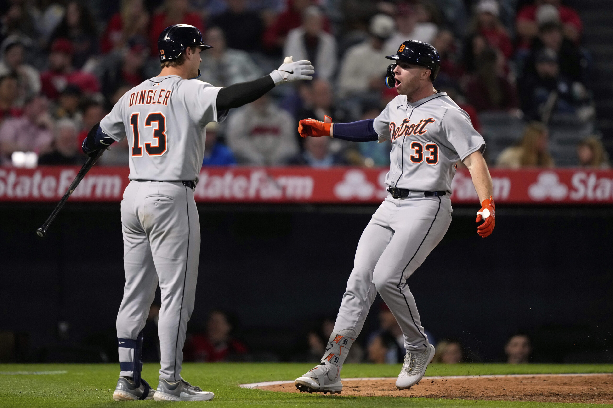 The Detroit Tigers’ Colt Keith, right, celebrates with Dillon Dingler...