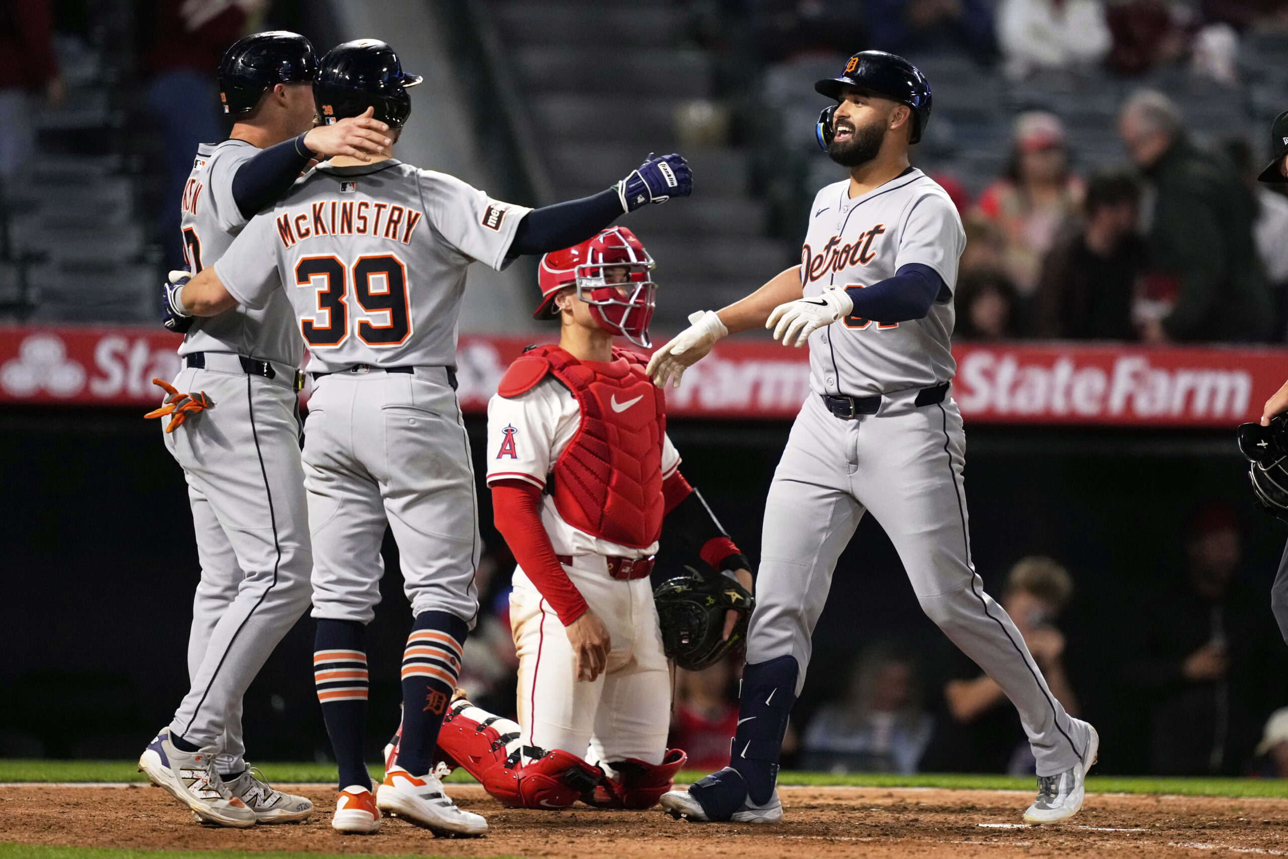 The Detroit Tigers’ Riley Greene, right, is congratulated by Spencer...