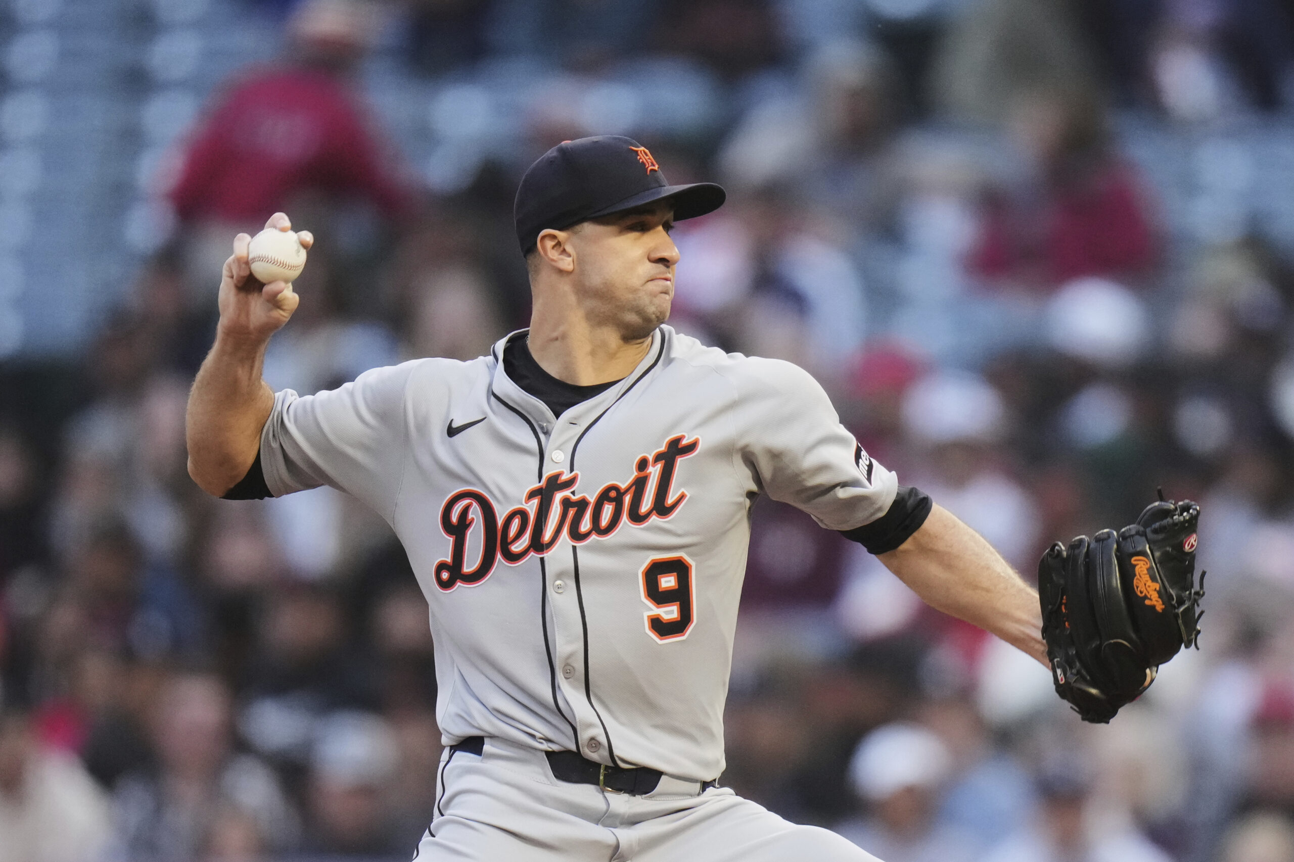 Detroit Tigers starting pitcher Jack Flaherty throws to the plate...