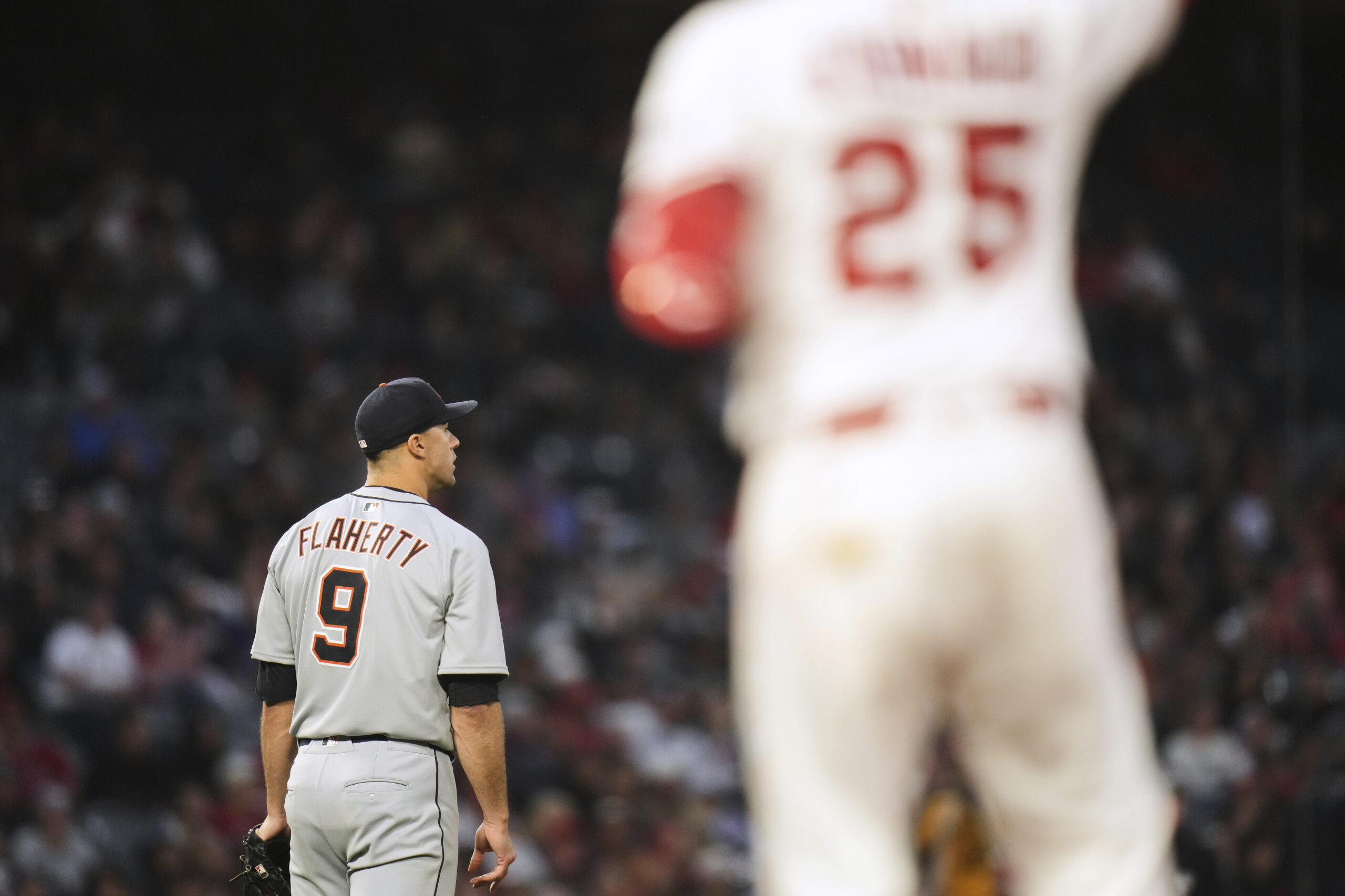 Detroit Tigers starting pitcher Jack Flaherty (9) stands near the...