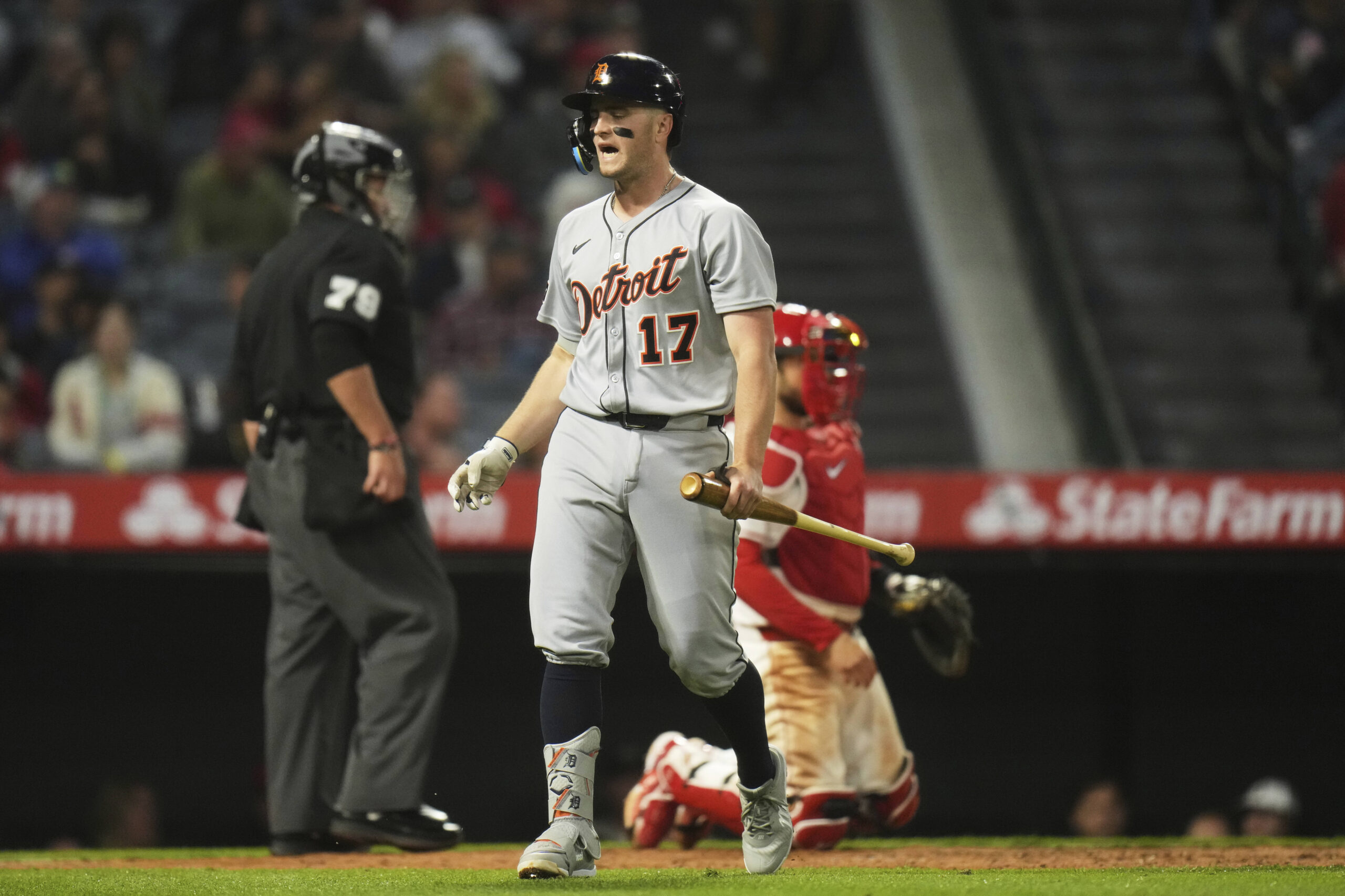 The Detroit Tigers’ Jace Jung reacts after striking out during...