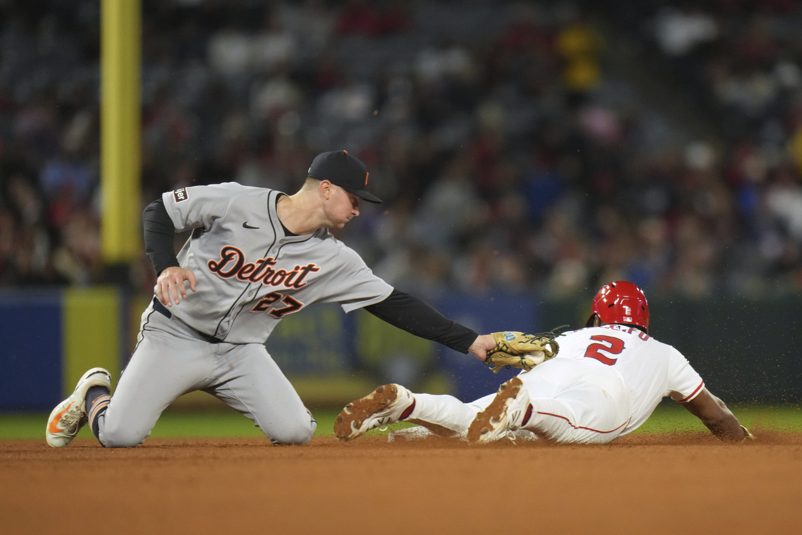 The Angels’ Luis Rengifo steals second base as Detroit Tigers...